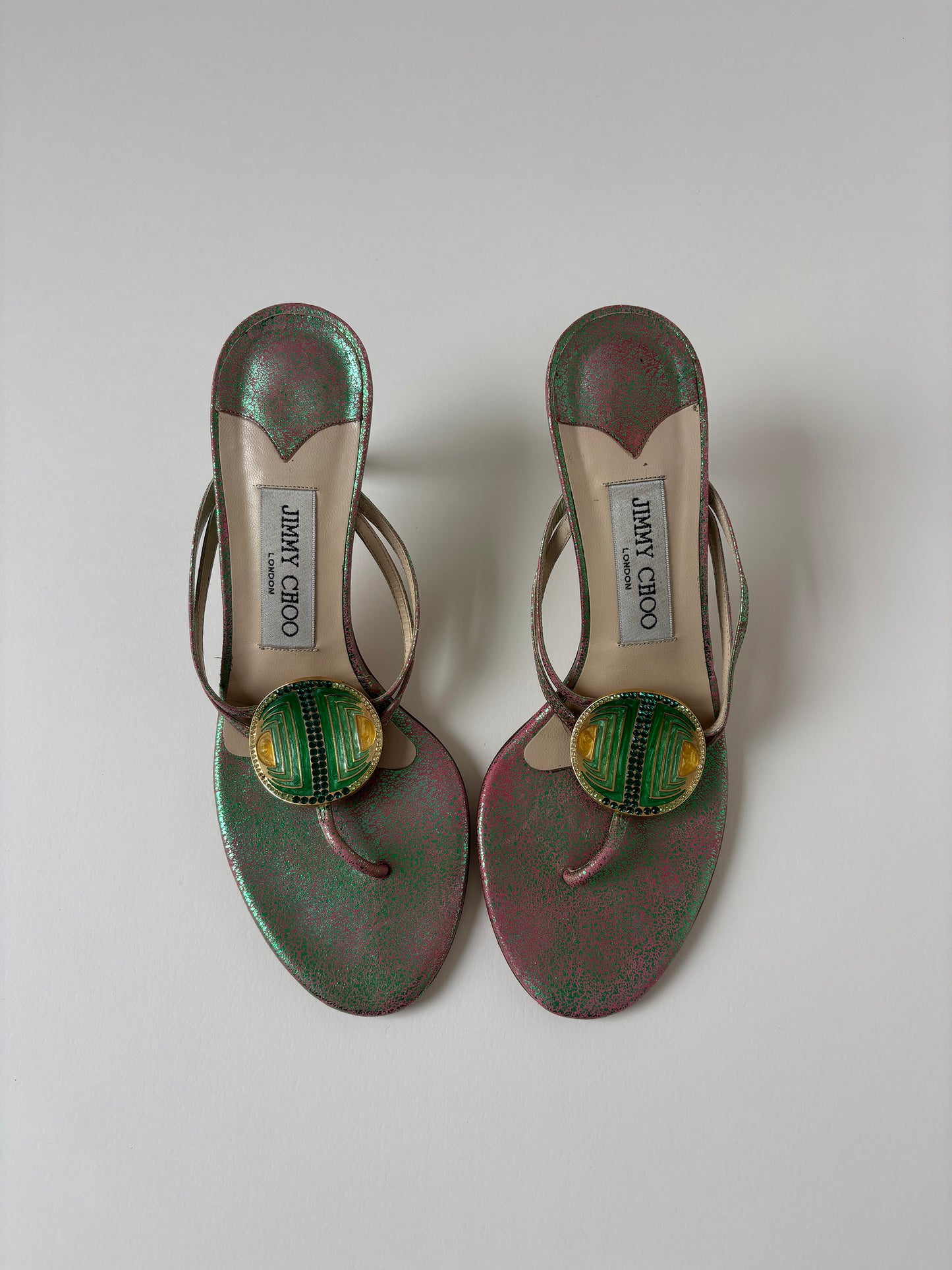 Jimmy Choo 1990s iridiscent green thong kitten heels (EU 37 / US 6.5)