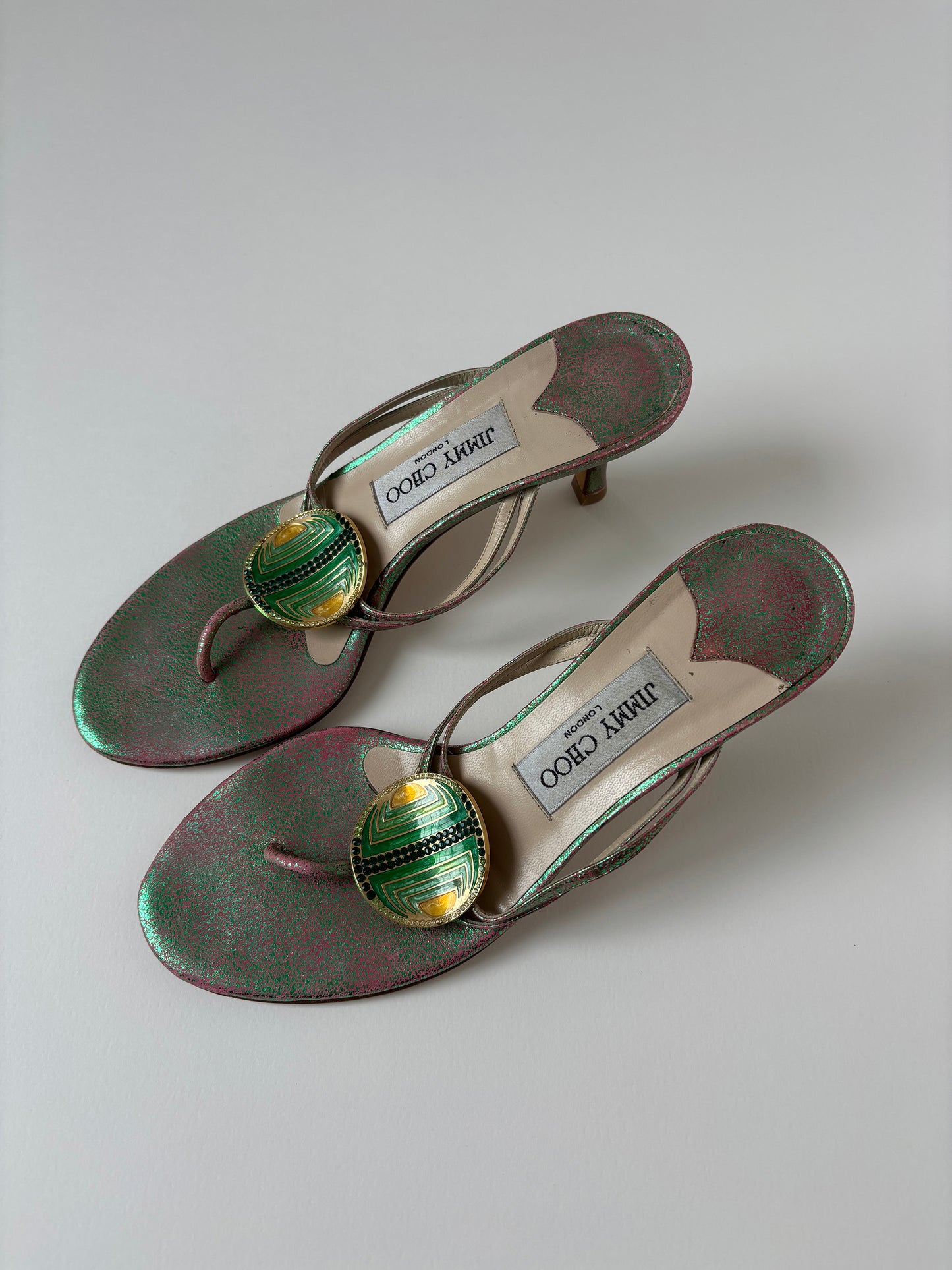 Jimmy Choo 1990s iridiscent green thong kitten heels (EU 37 / US 6.5)