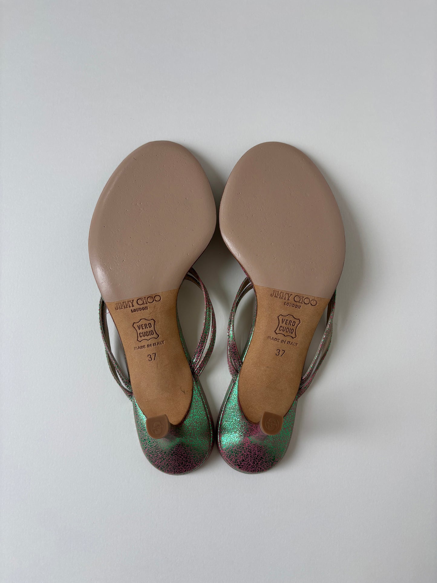 Jimmy Choo 1990s iridiscent green thong kitten heels (EU 37 / US 6.5)