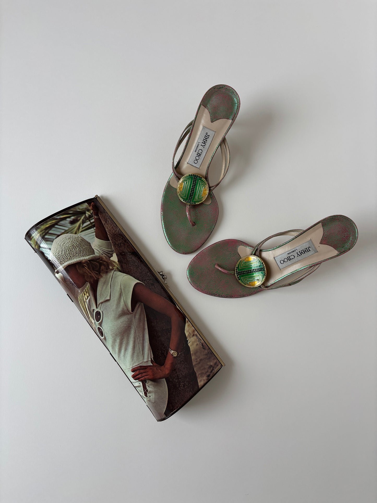 Jimmy Choo 1990s iridiscent green thong kitten heels (EU 37 / US 6.5)