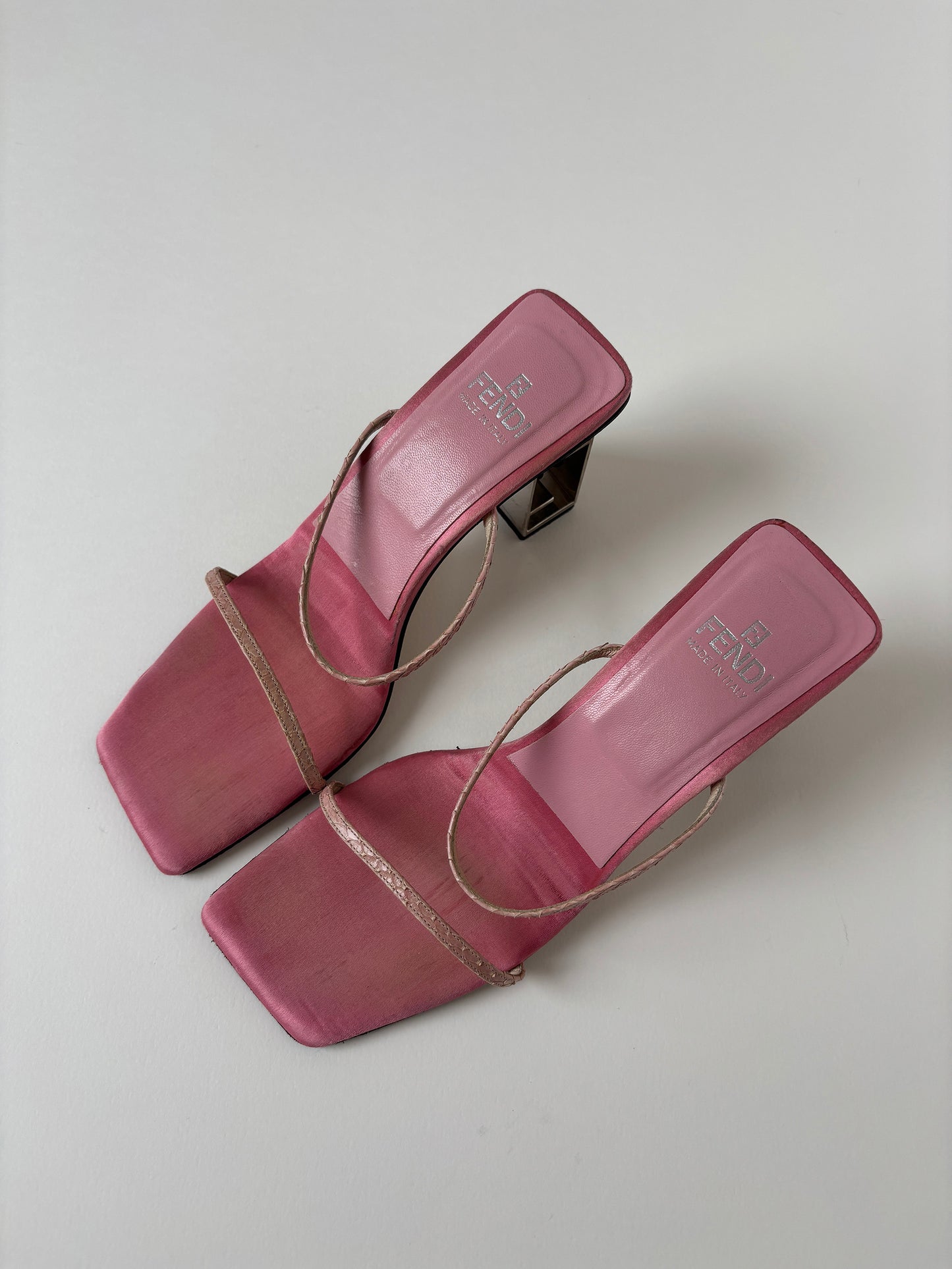 Fendi 1990s pink satin logo heel sandal heels (EU 37 / US 6.5)