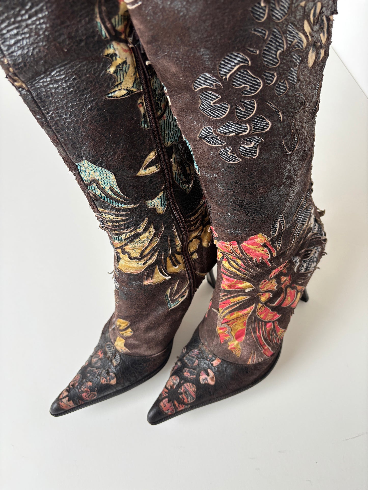 Roberto Cavalli S/S 2002 iconic brown floral laser cutout kitten heel boots (EU 37/ US 6.5)