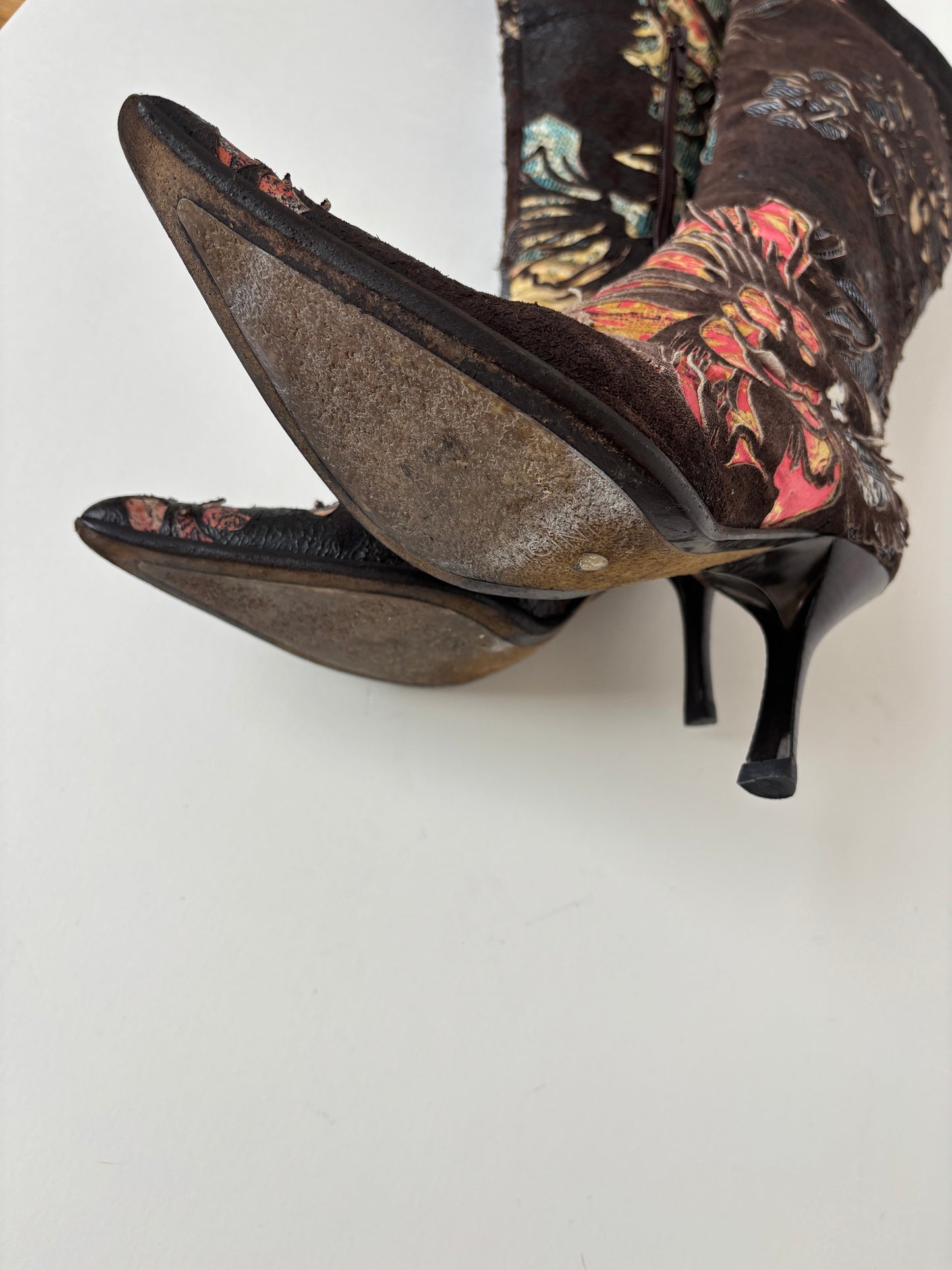 Roberto Cavalli S/S 2002 iconic brown floral laser cutout kitten heel boots (EU 37/ US 6.5)