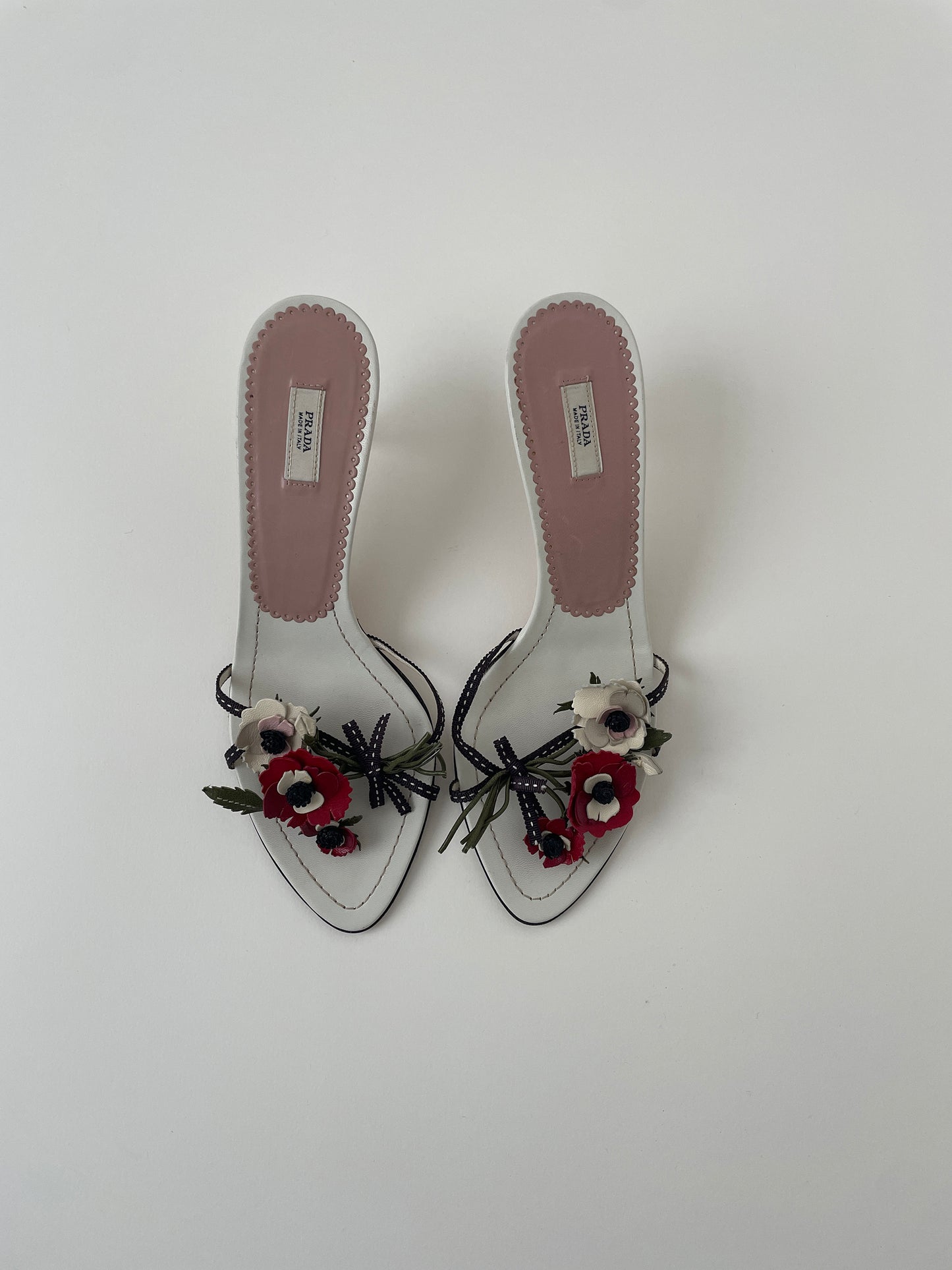 Vintage Prada white kitten heel sandals with flower applications