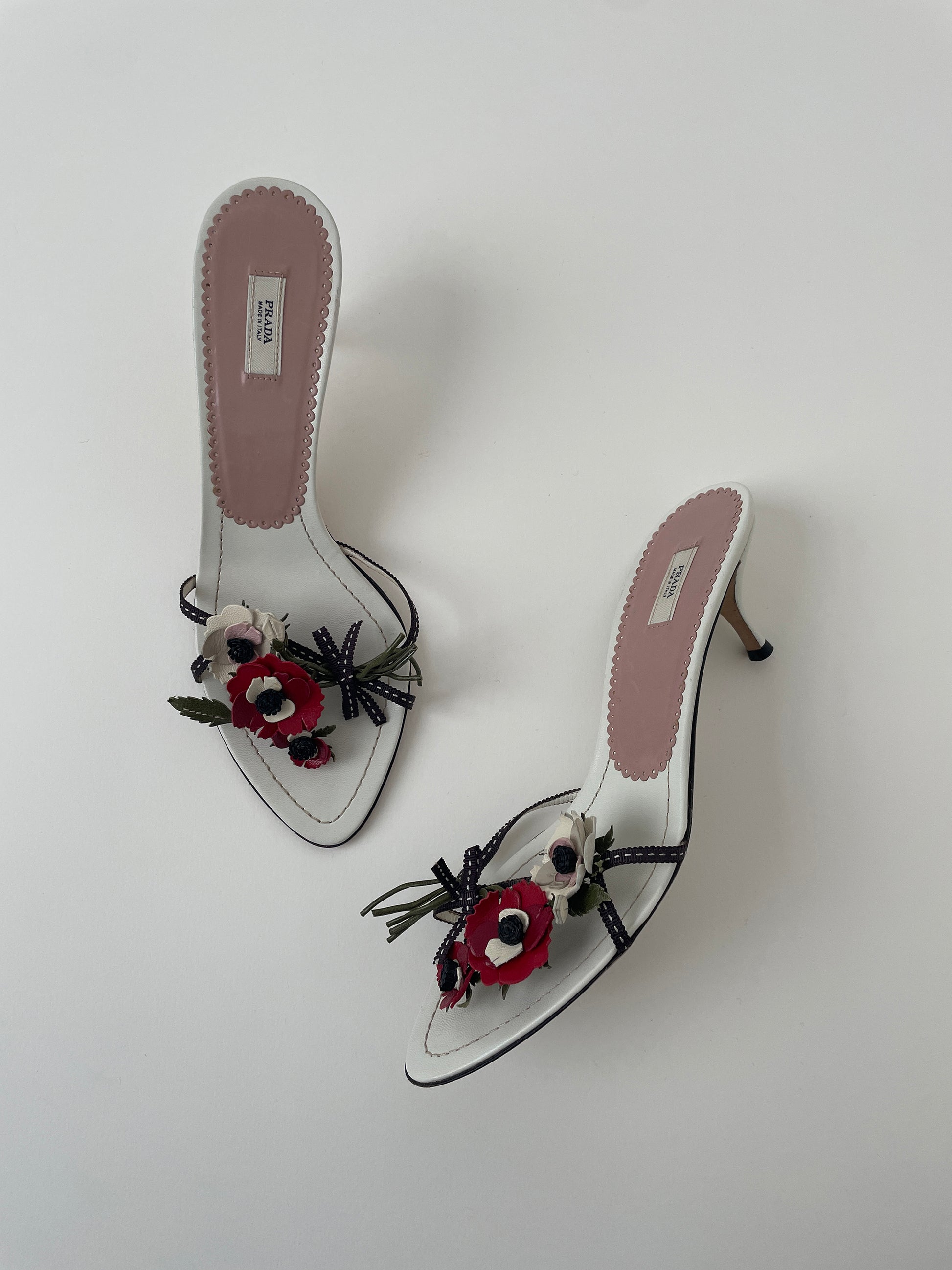 Vintage Prada white kitten heel sandals with flower applications