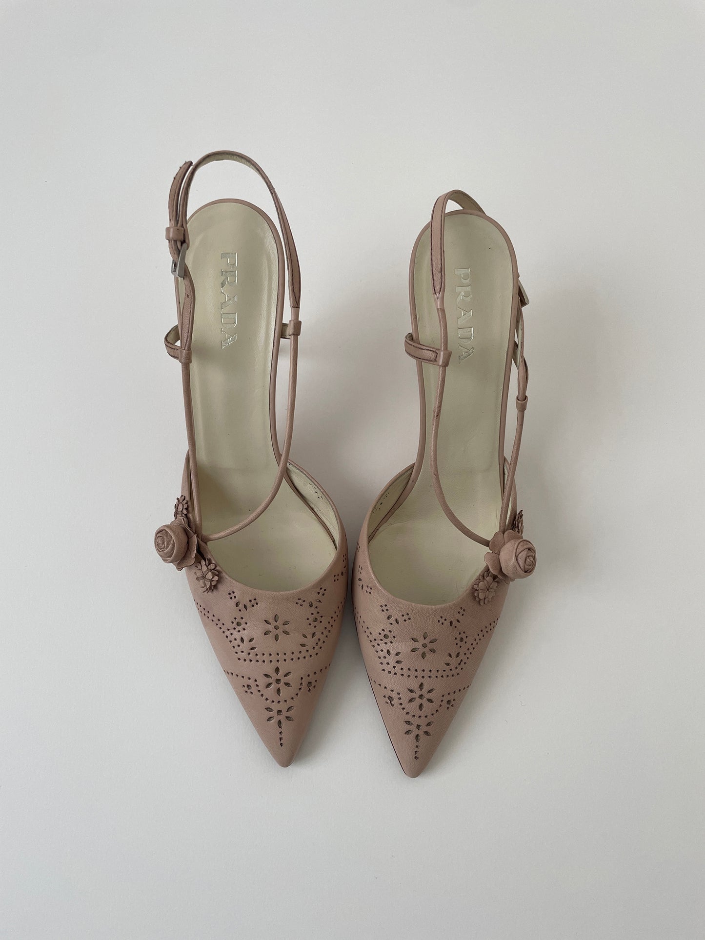 Vintage Prada nude eyelet and roses sling back pumps