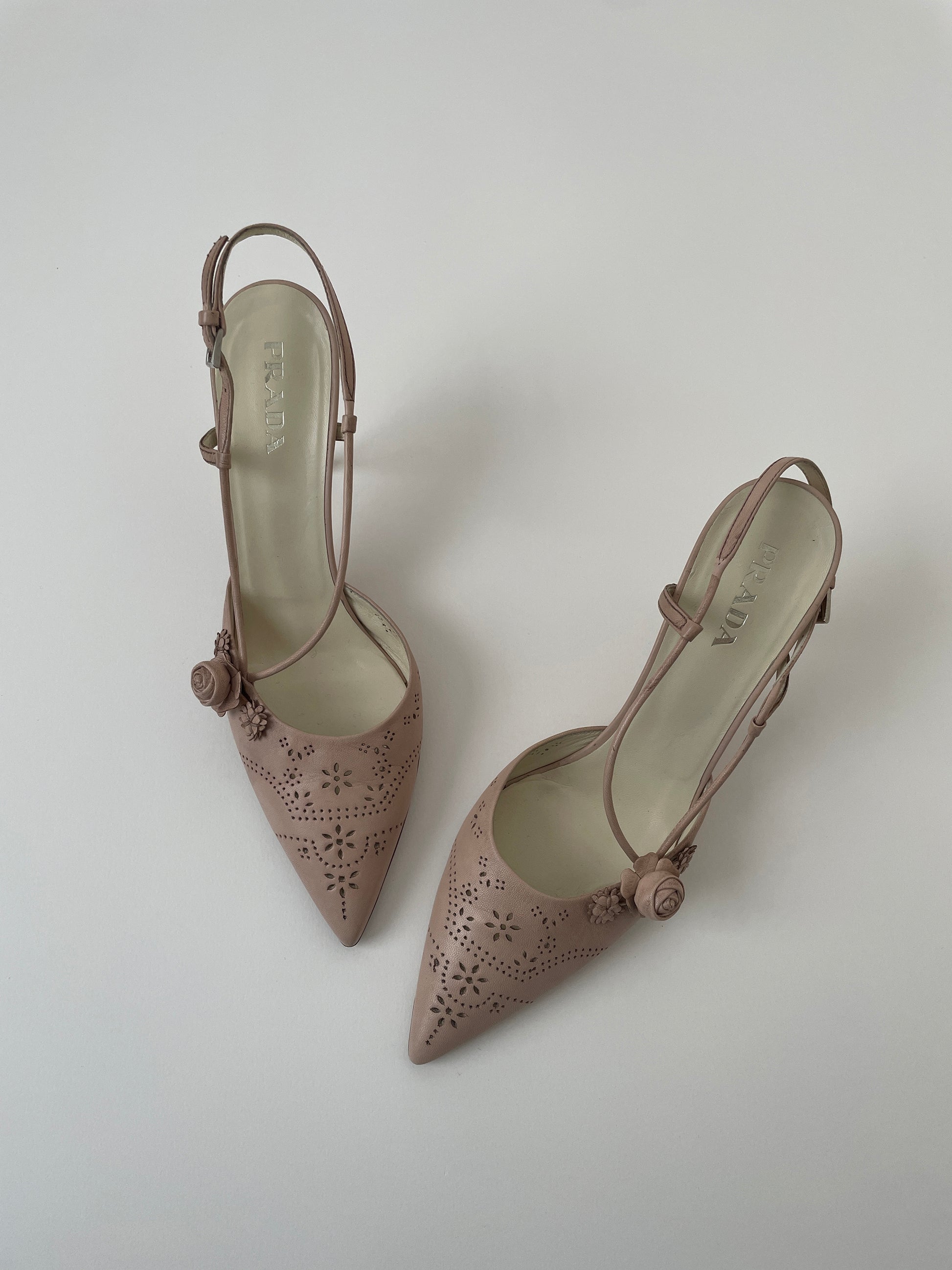 Vintage Prada nude eyelet and roses sling back pumps