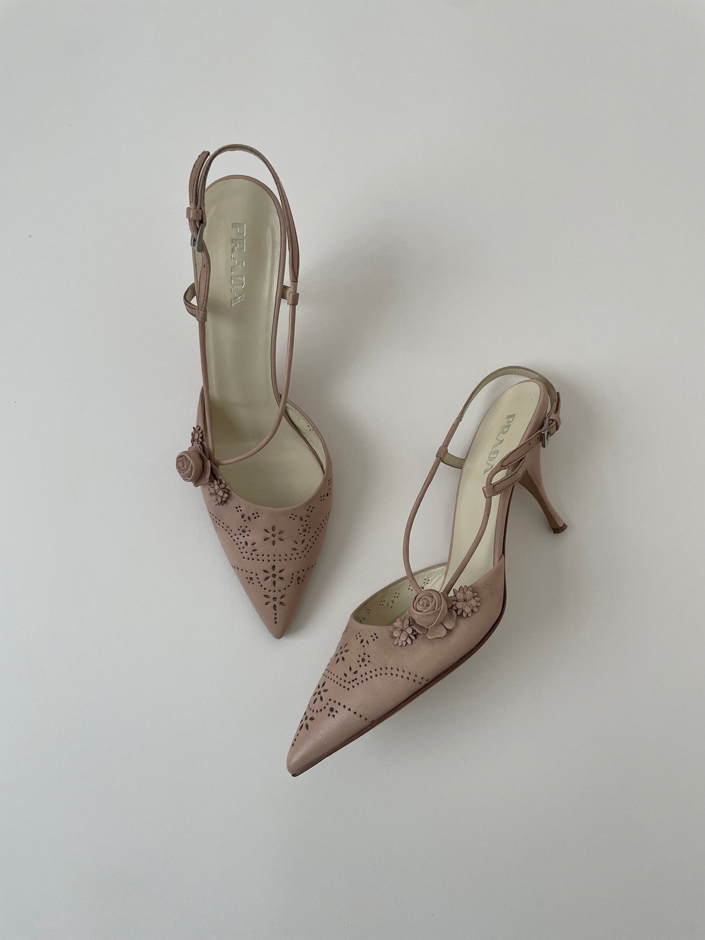 Vintage Prada nude eyelet and roses sling back pumps