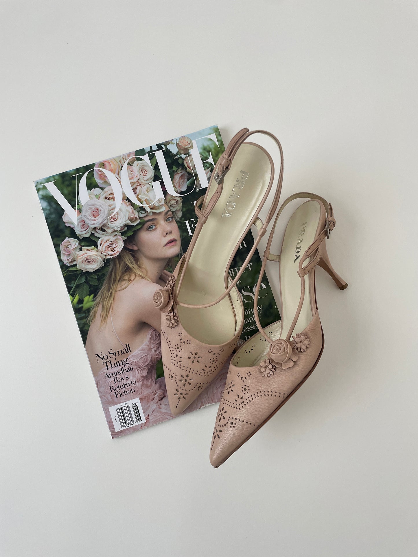 Vintage Prada nude eyelet and roses sling back pumps