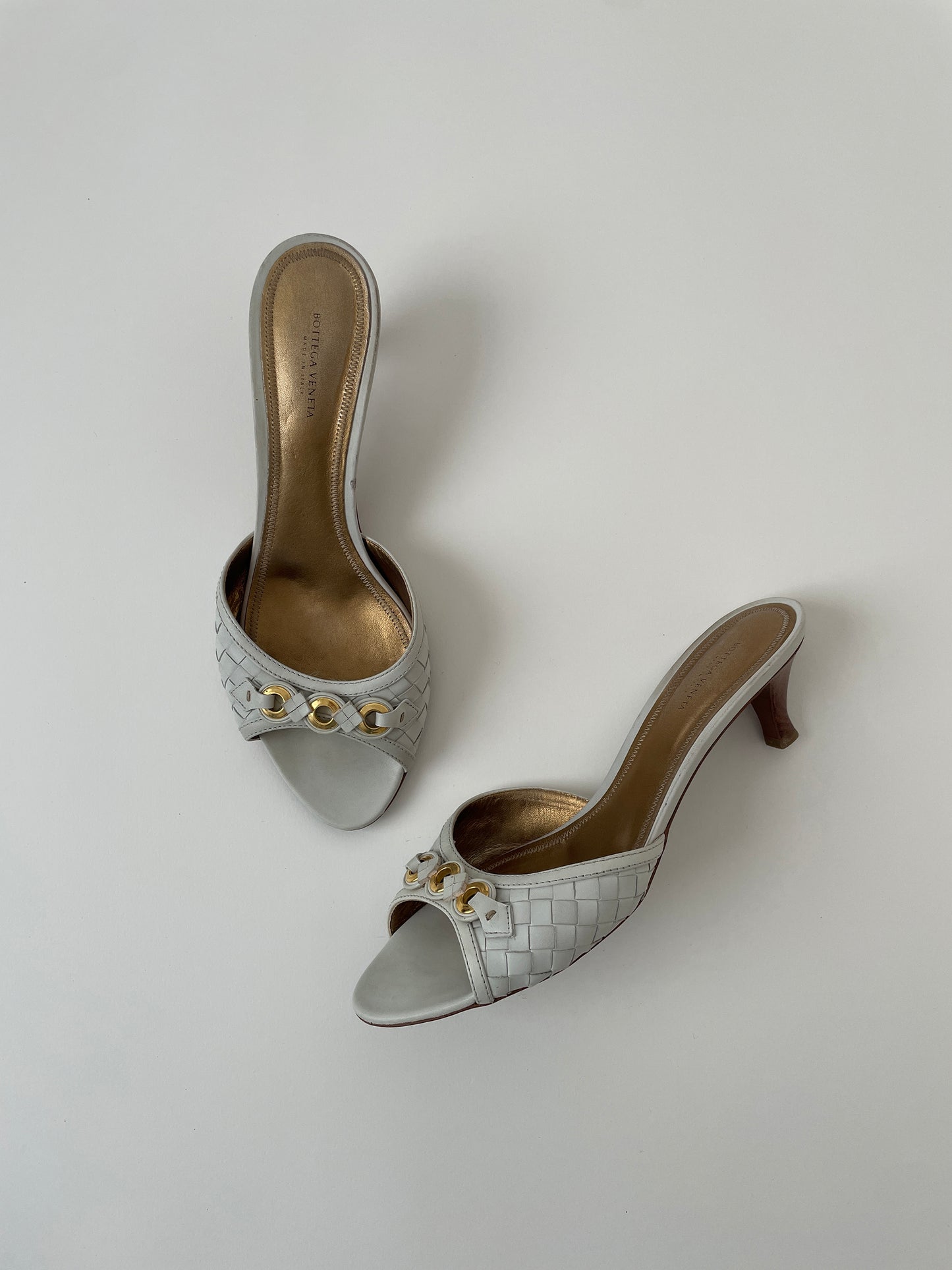 Vintage Bottega Veneta white eyelet kitten heel sandals