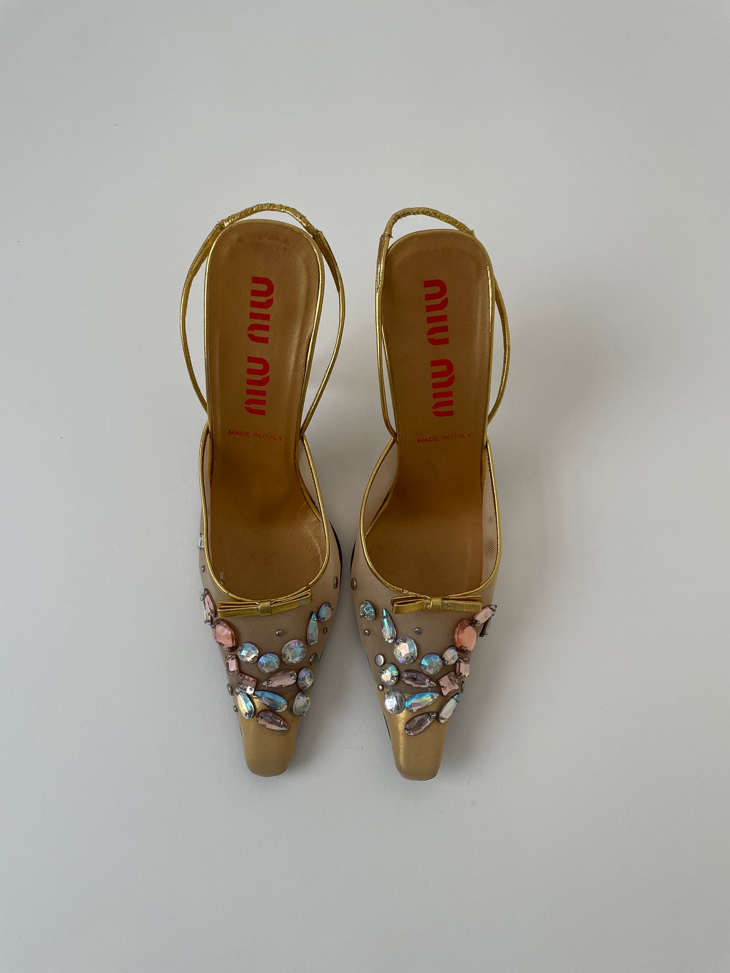 Vintage Miu Miu 1990s golden mesh rhinestone sling pump