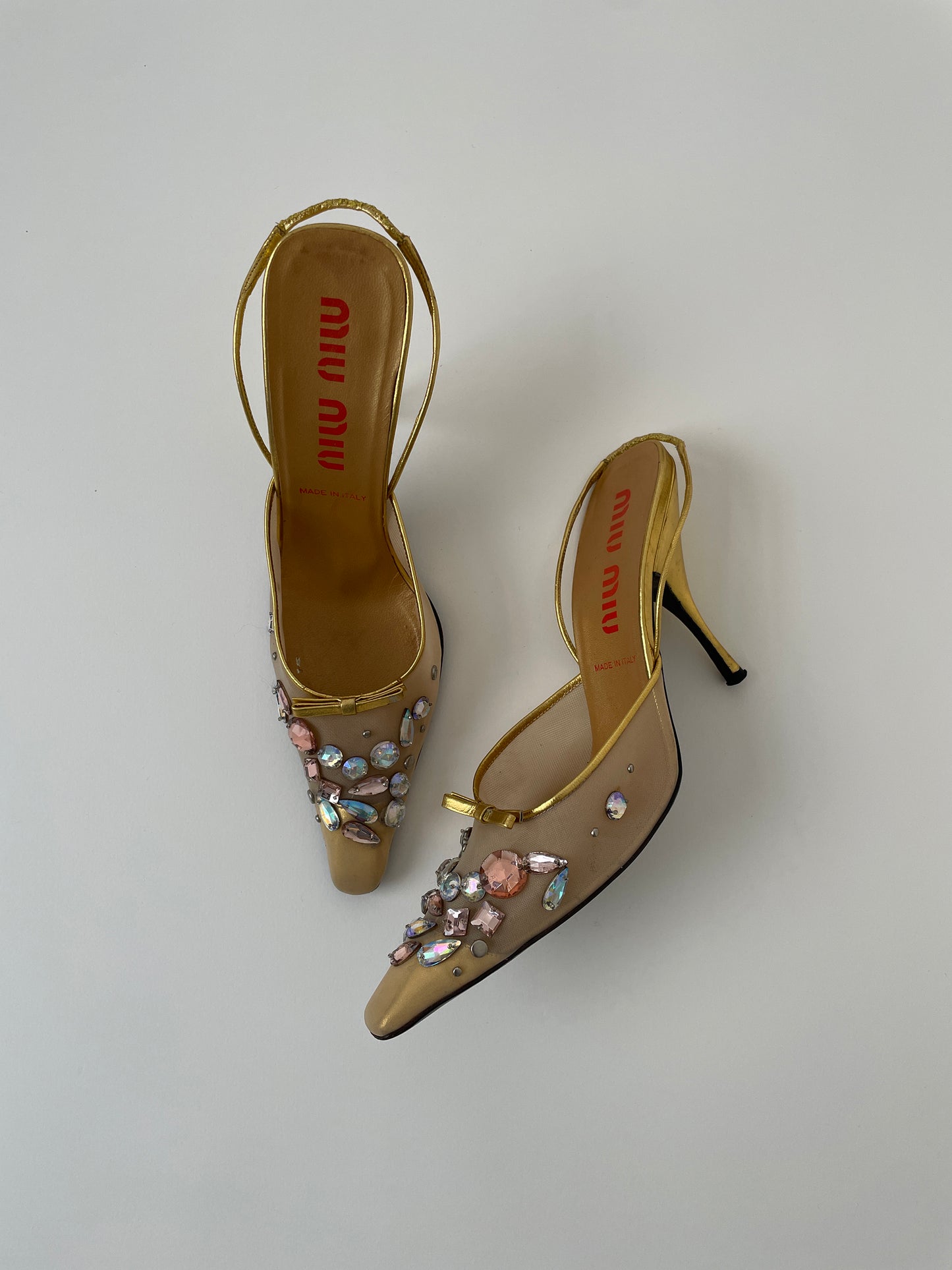 Vintage Miu Miu 1990s golden mesh rhinestone sling pump