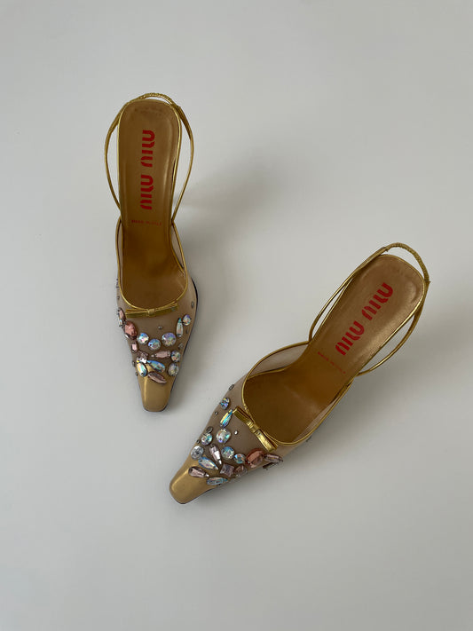 Vintage Miu Miu 1990s golden mesh rhinestone sling pump