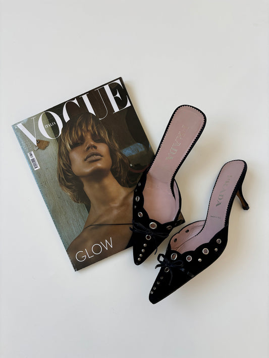 Prada 2000s iconic black suede eyelet bow mules (EU 37 / US 6.5)