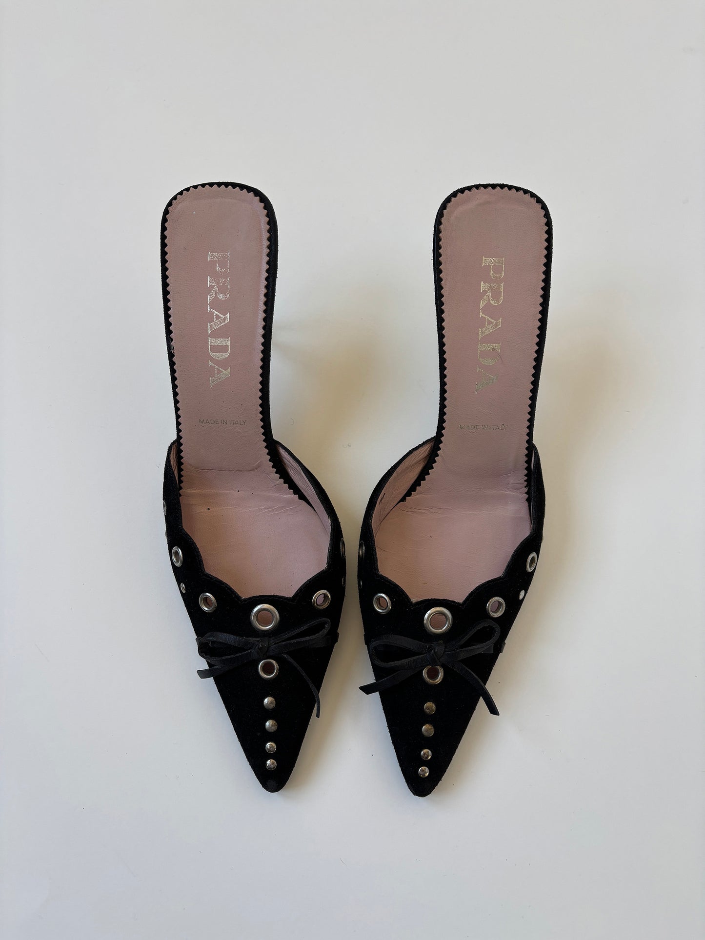 Prada 2000s iconic black suede eyelet bow mules (EU 37 / US 6.5)