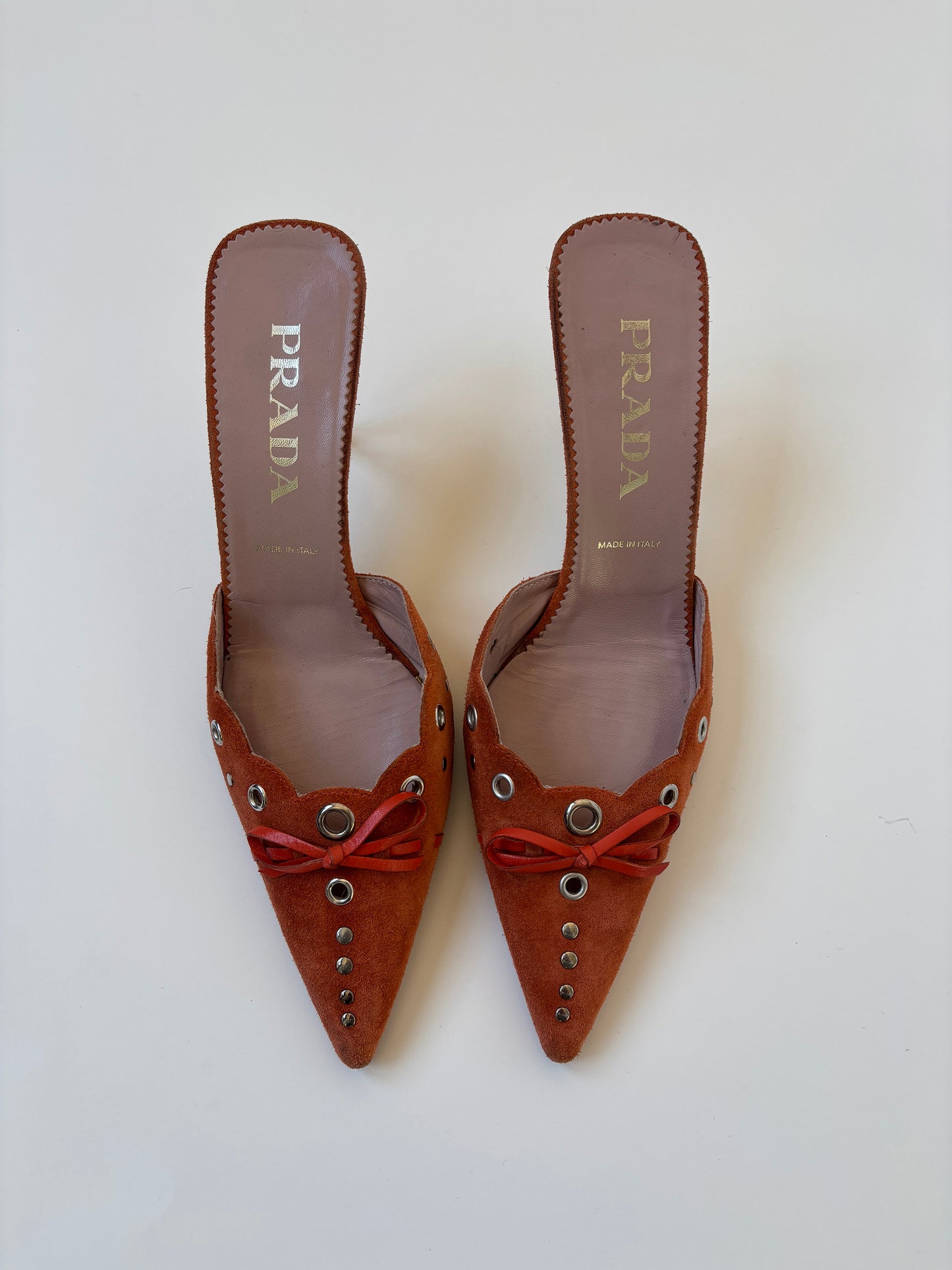 Prada 2000s iconic tangerine suede eyelet bow mules (EU 38,5 / US 8)