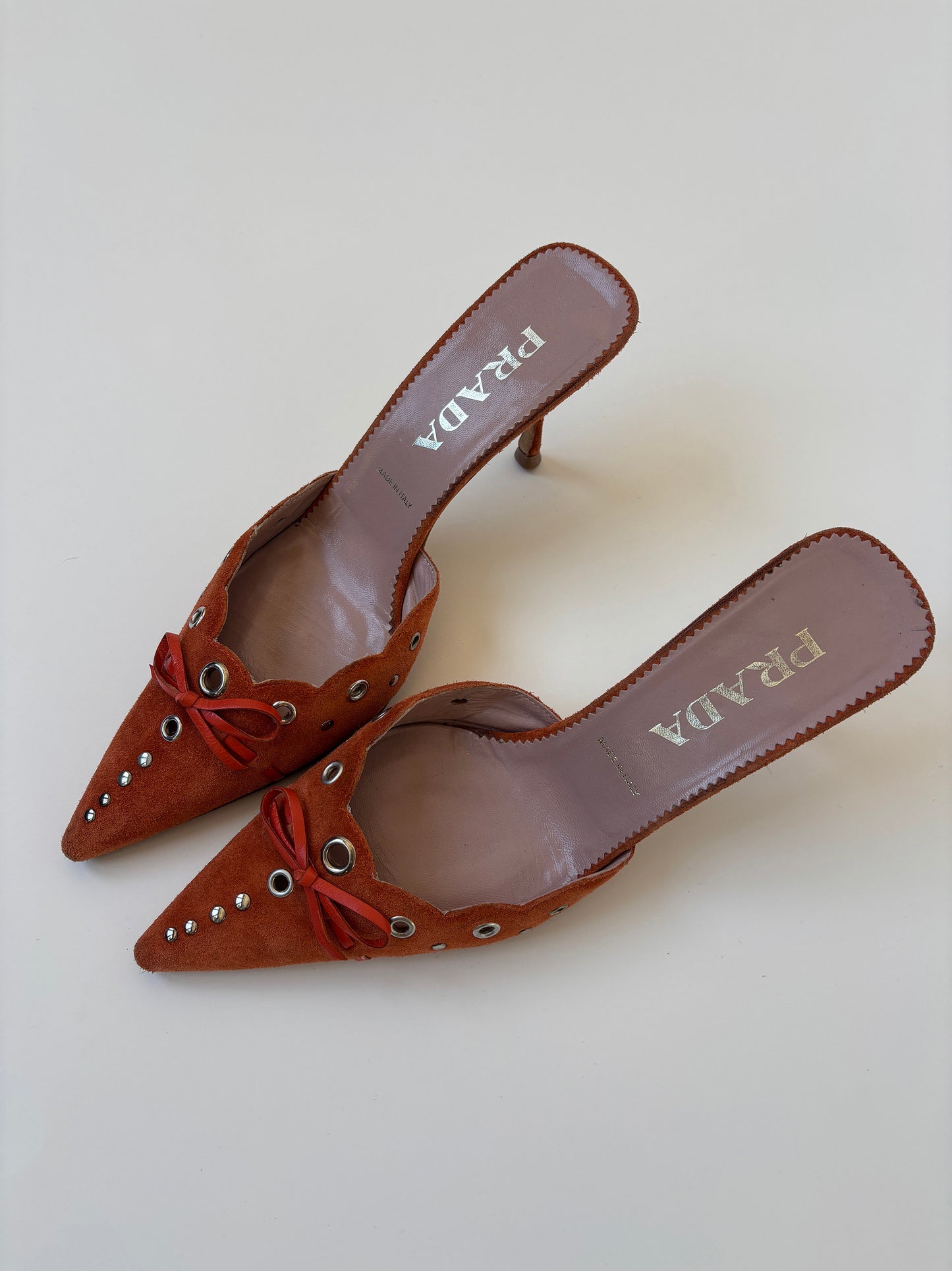 Prada 2000s iconic tangerine suede eyelet bow mules (EU 38,5 / US 8)