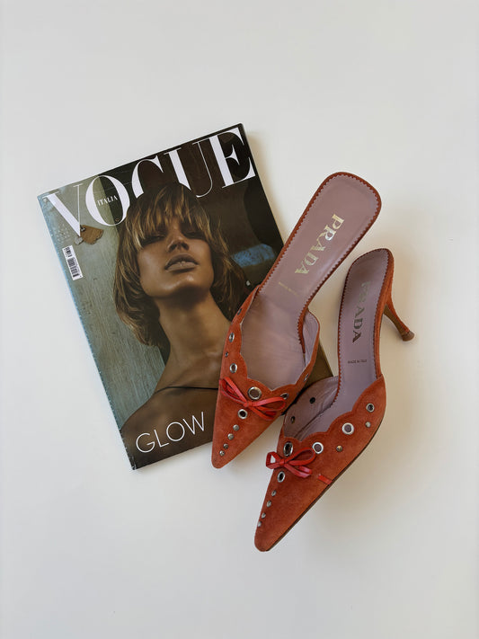 Prada 2000s iconic tangerine suede eyelet bow mules (EU 38,5 / US 8)