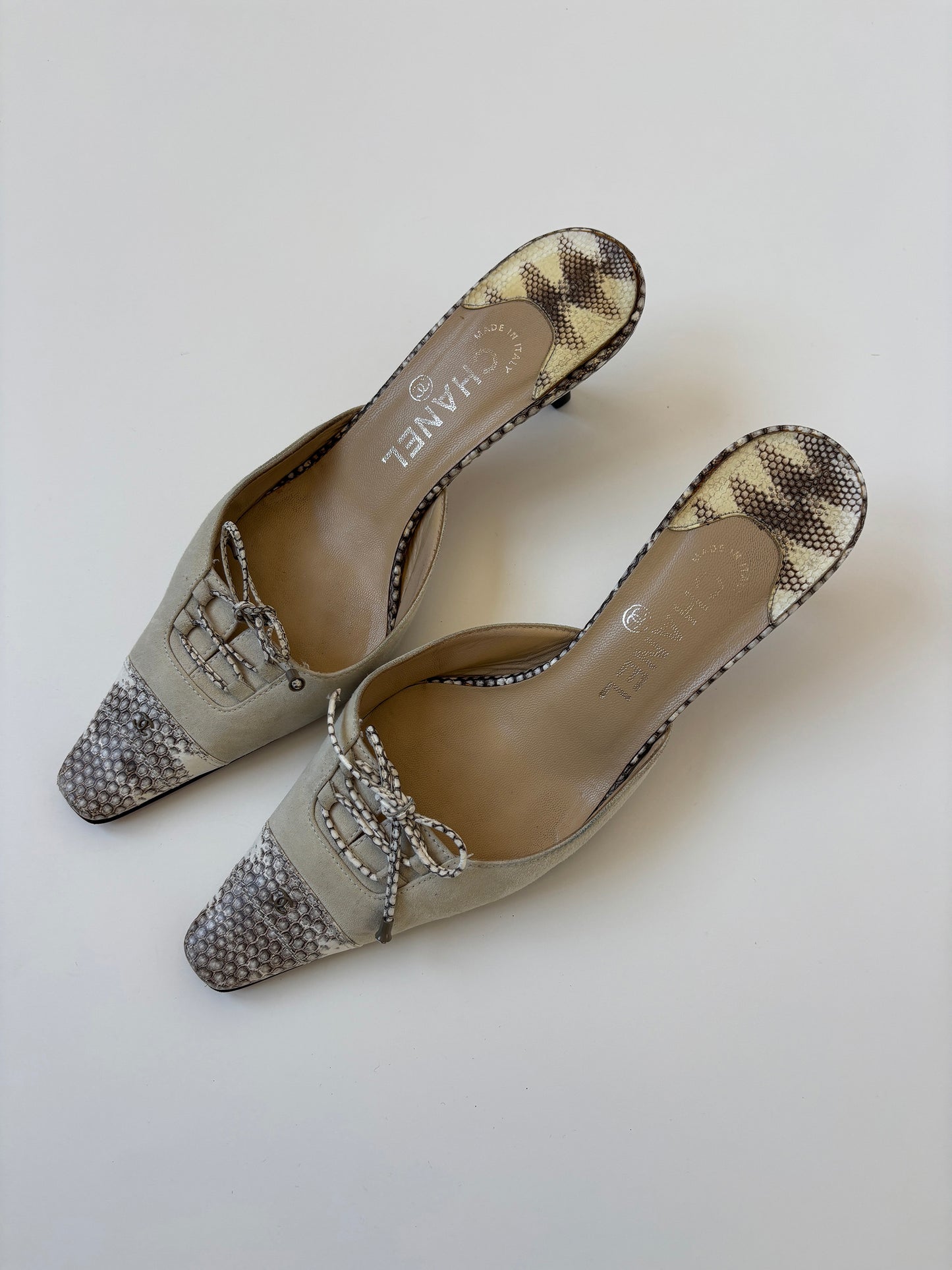 Chanel by Karl Lagerfeld 2000s beige python kitten heel mules  (EU 38 / US 7.5)