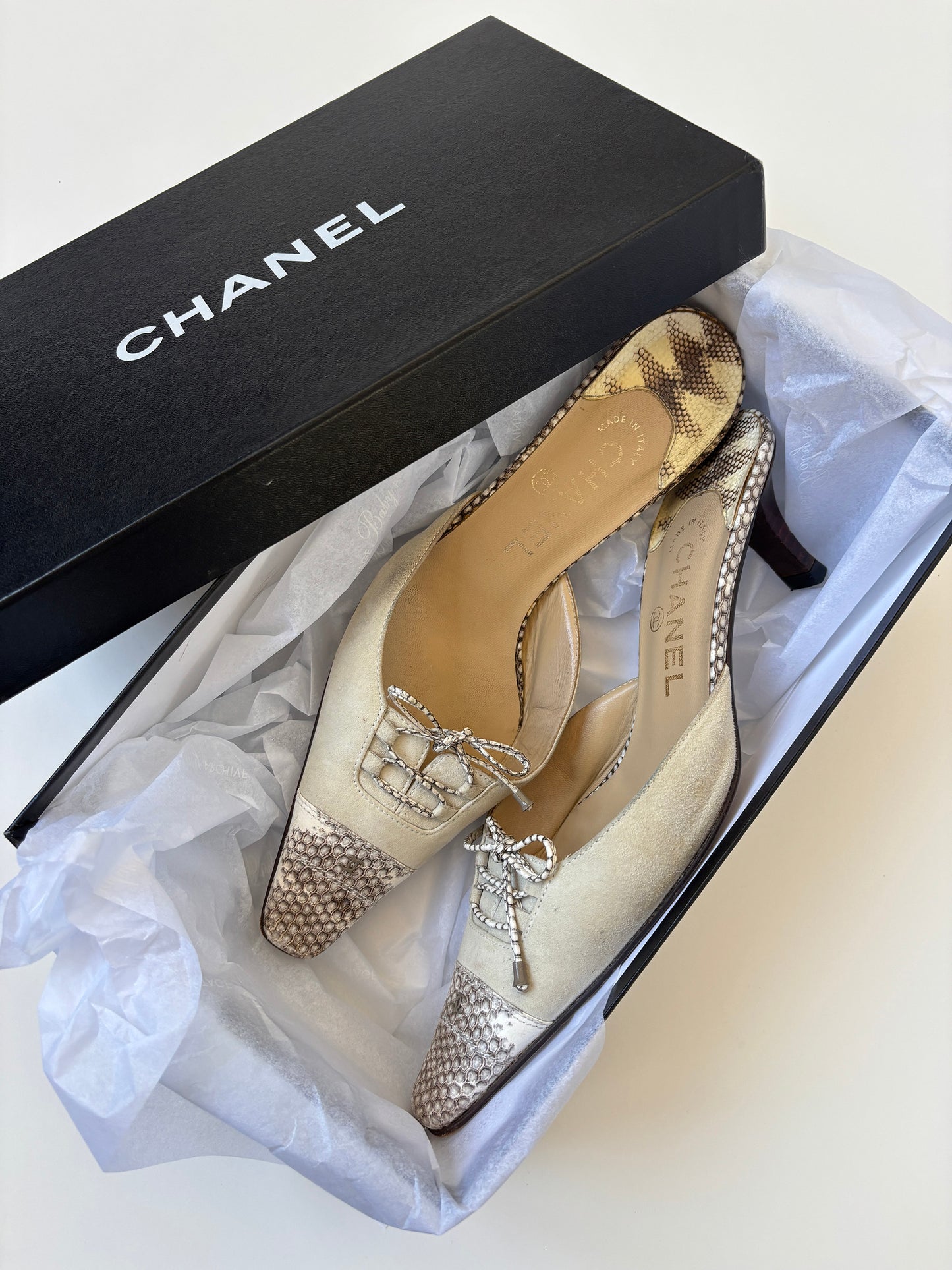 Chanel by Karl Lagerfeld 2000s beige python kitten heel mules  (EU 38 / US 7.5)