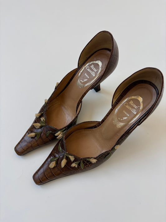 Rene Caovilla 1990s brown croco roses heels (EU 40 / US 9.5)