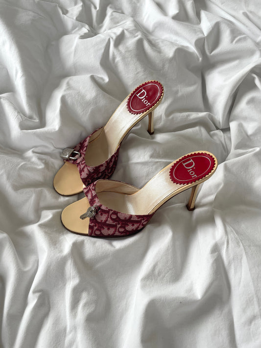 Vintage Christian Dior iconic red and cream white monogram heels with silver lock key details