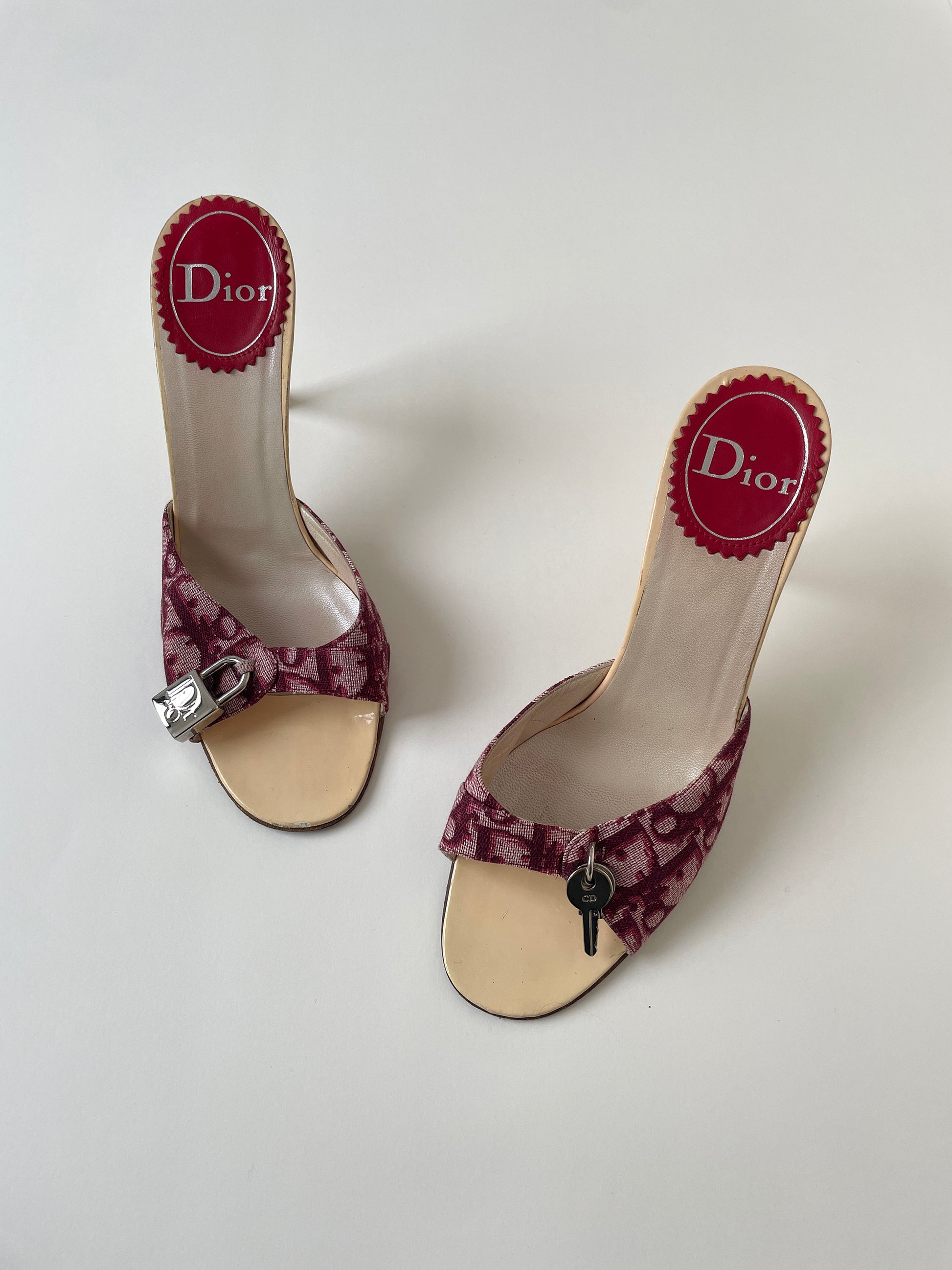 Vintage Christian Dior iconic red and cream white monogram heels with silver lock key details