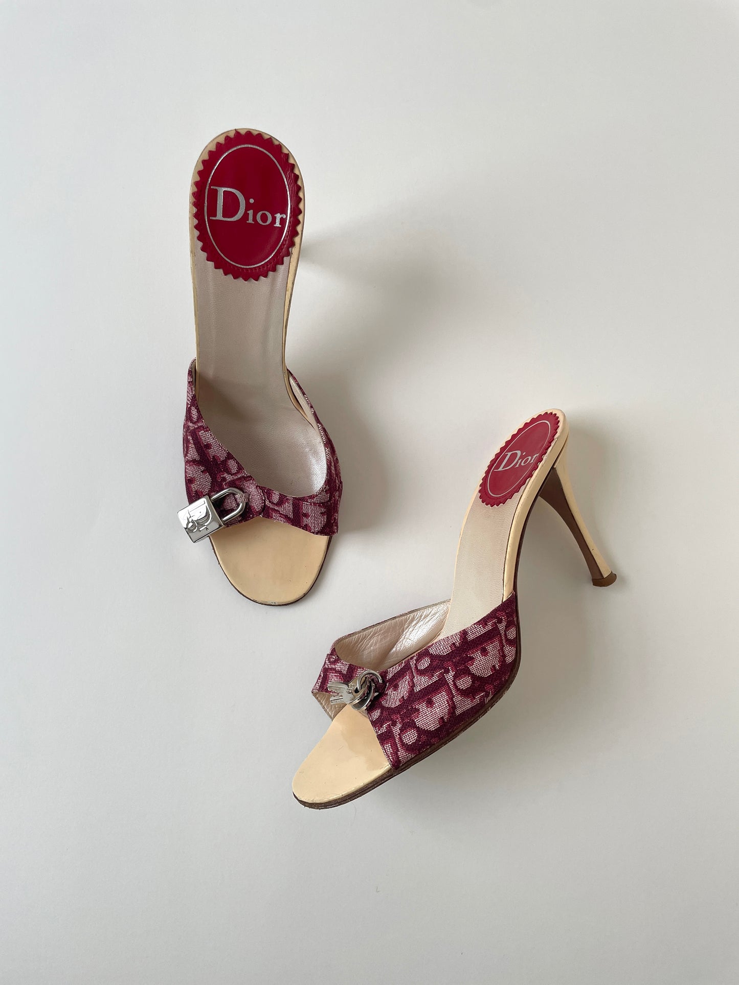 Vintage Christian Dior iconic red and cream white monogram heels with silver lock key details