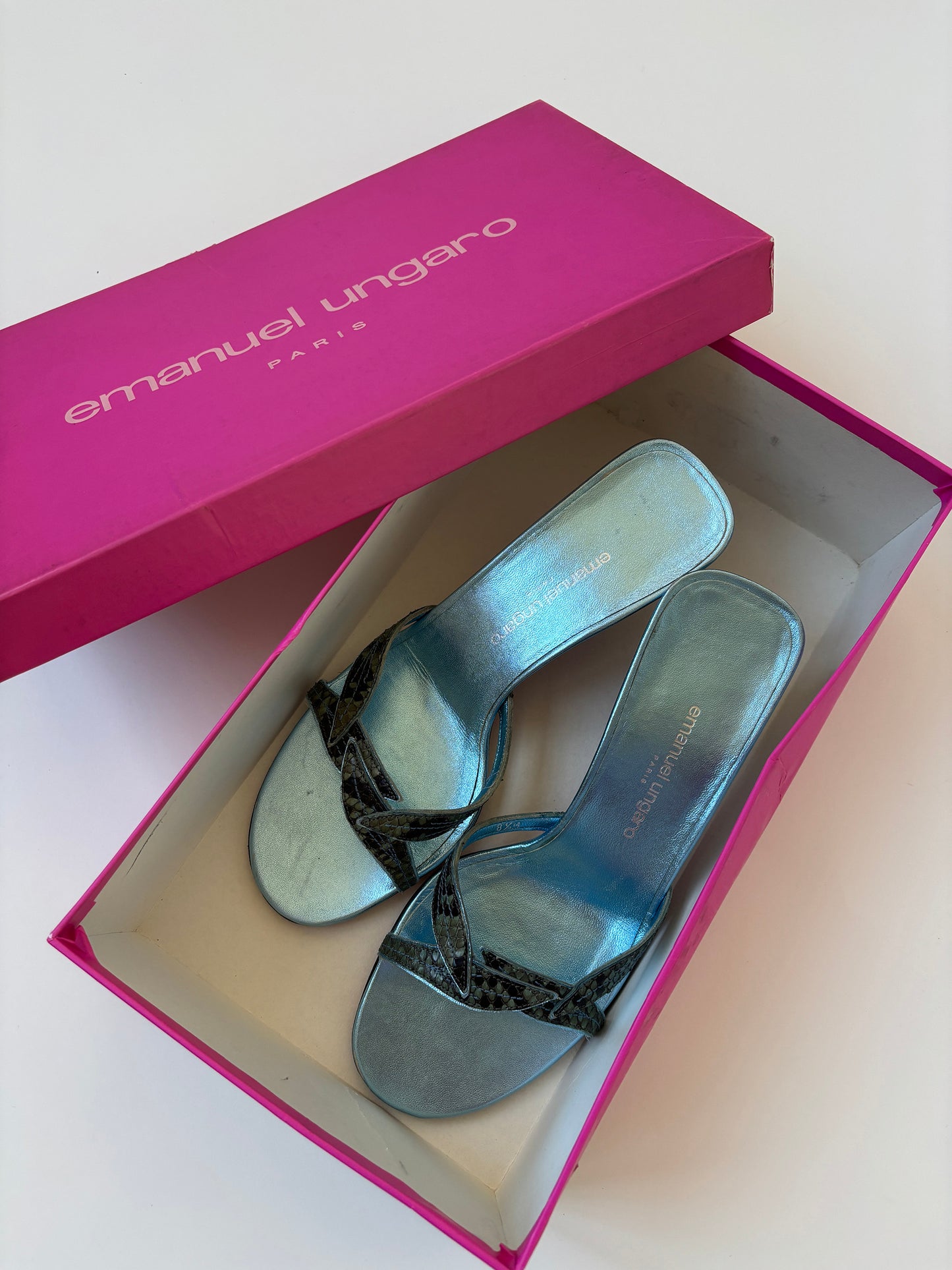 Emanuel Ungaro 2000s metallic blue python kitten heels (EU 38 / US 7.5)