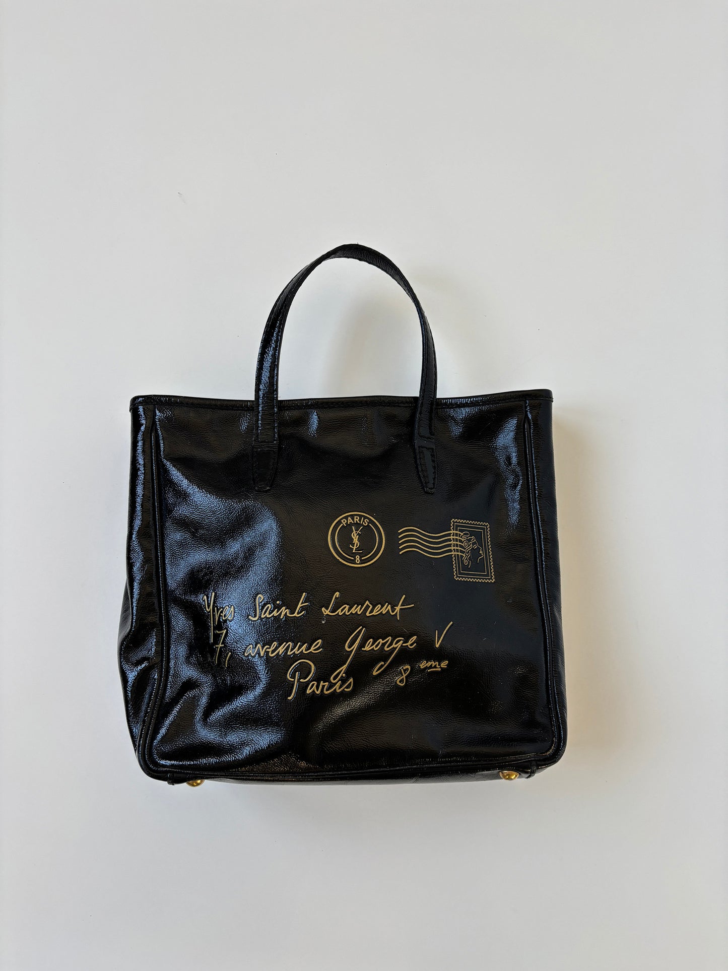 YSL 2000s black mini mail patent leather tote bag
