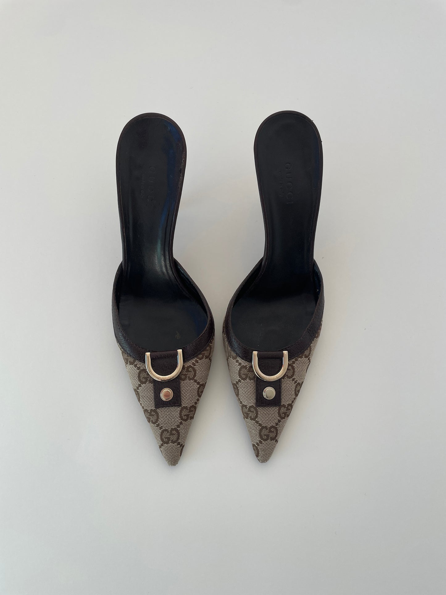 Vintage Gucci by Tom Ford brown/ beige D-ring monogram mules