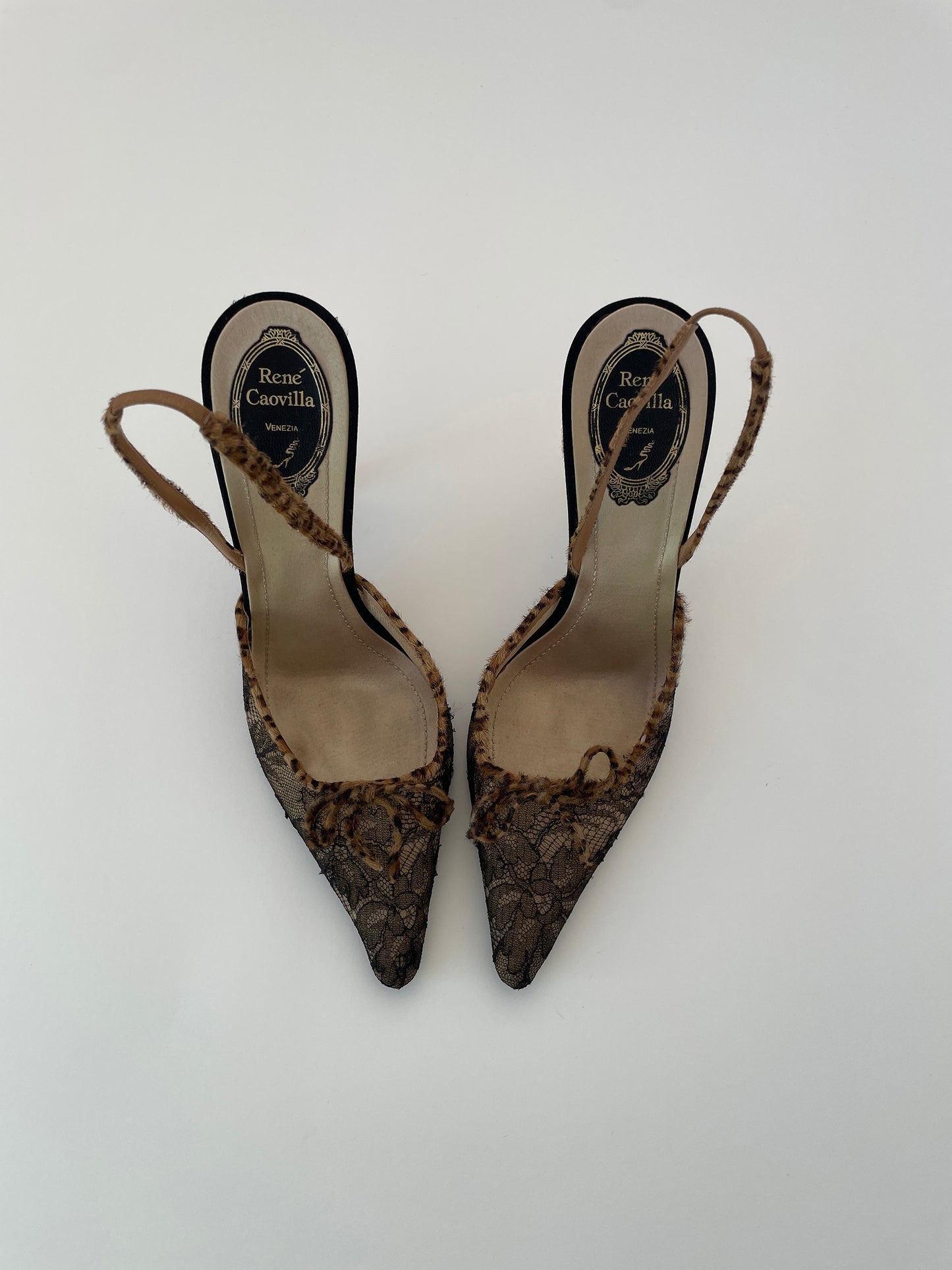 Vintage Rene Caovilla leopard pony hair lace slingbacks