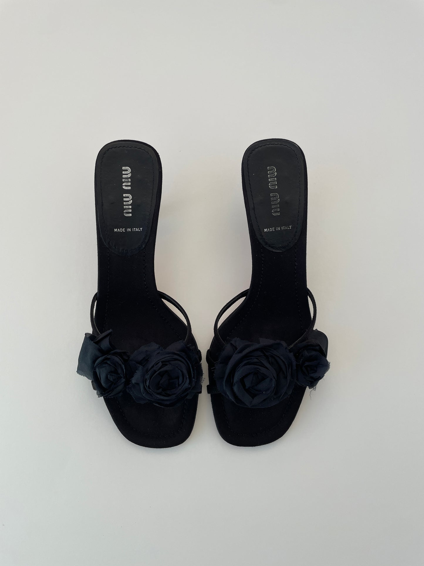 Vintage Miu Miu black floral kitten heels with cute silk roses details