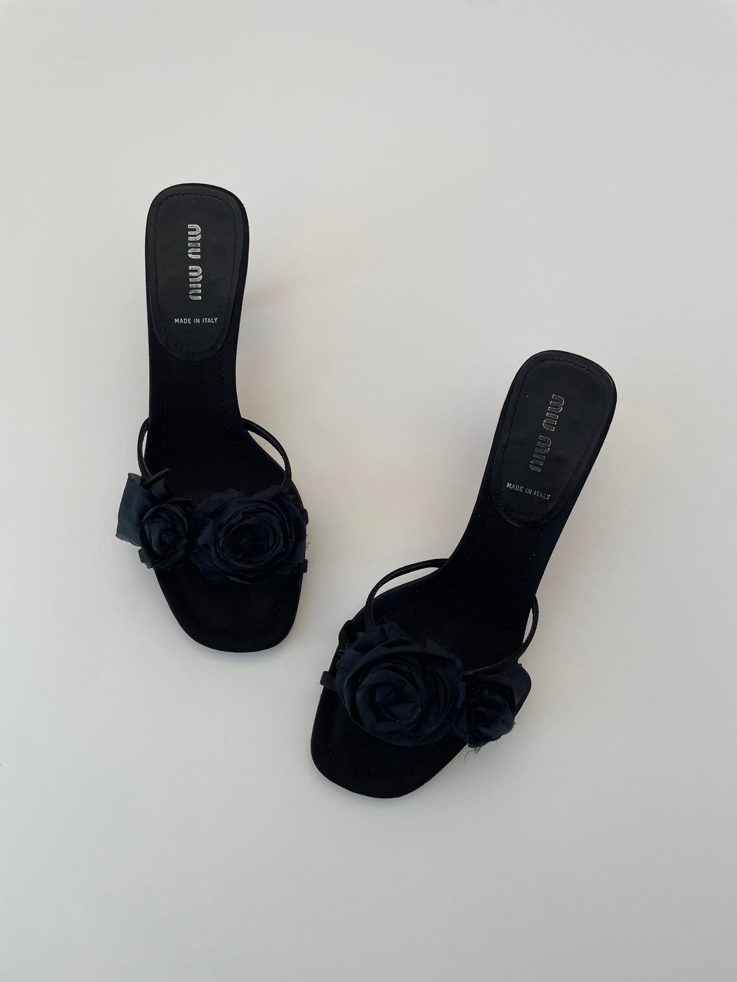 Vintage Miu Miu black floral kitten heels with cute silk roses details