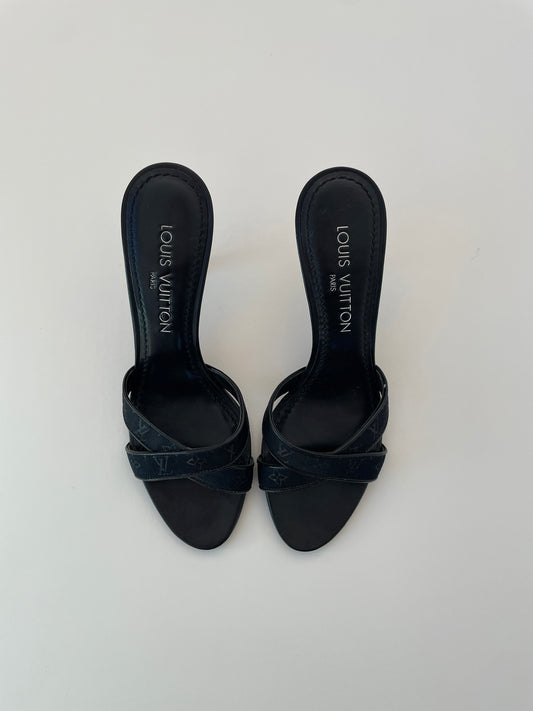 Vintage Louis Vuitton 2000s black monogram satin sandals