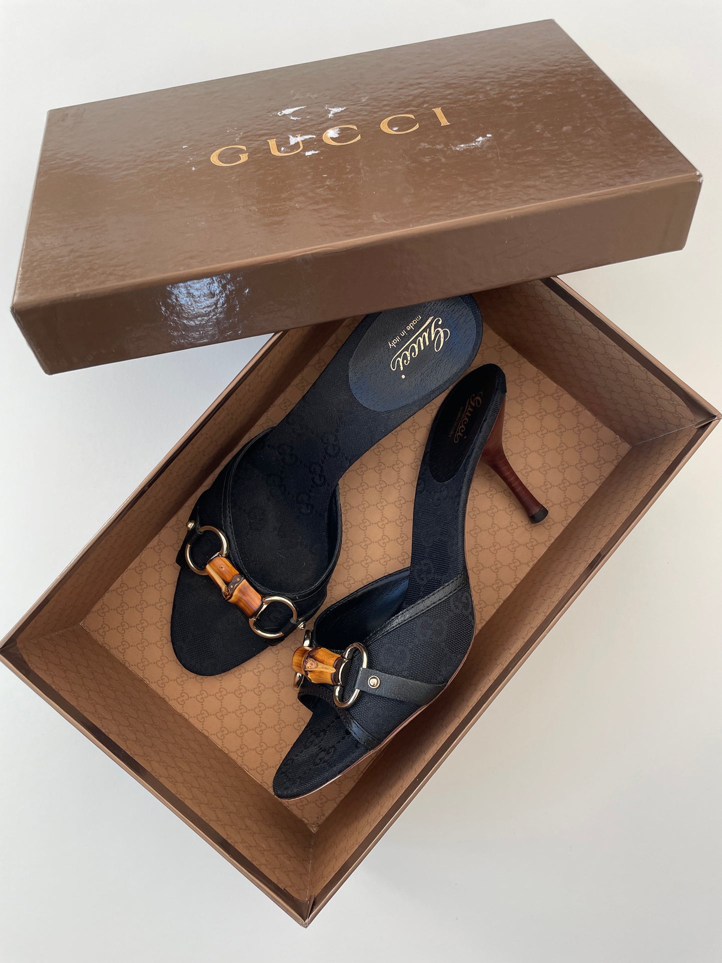 Vintage Gucci by Tom Ford black bamboo monogram horsebit heels