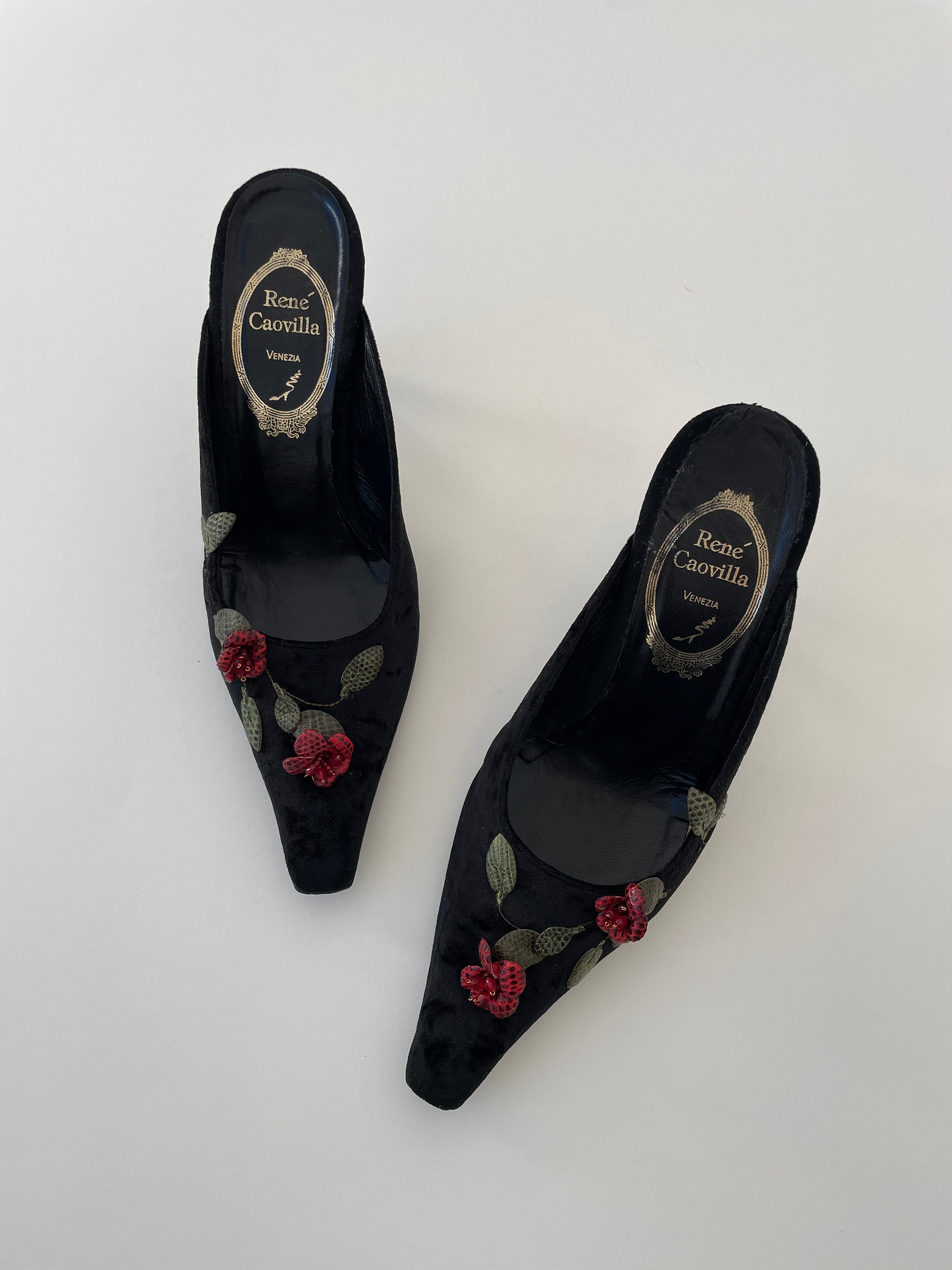 Vintage Rene Caovilla 1990s floral black velvet roses mules