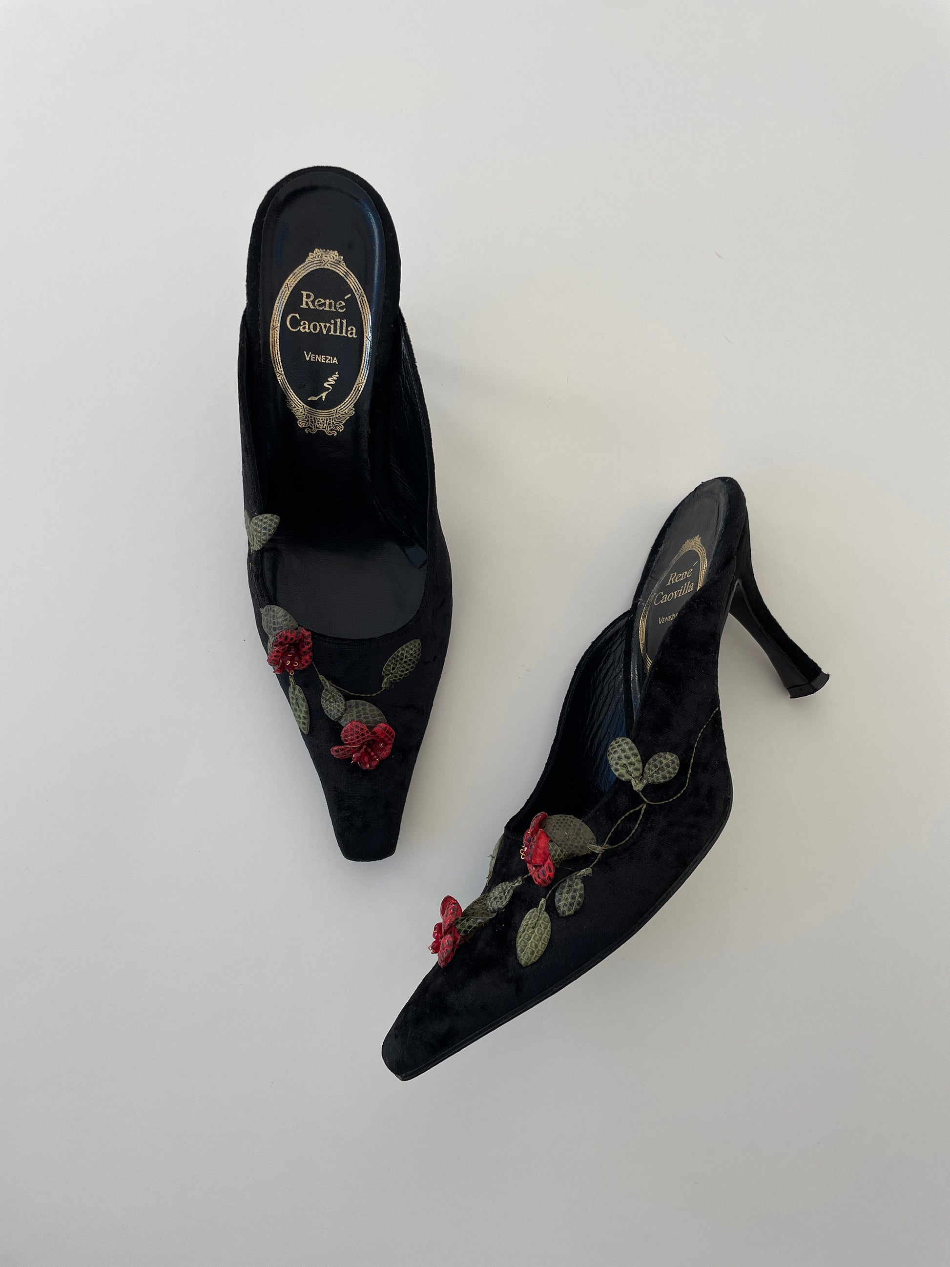 Vintage Rene Caovilla 1990s floral black velvet roses mules