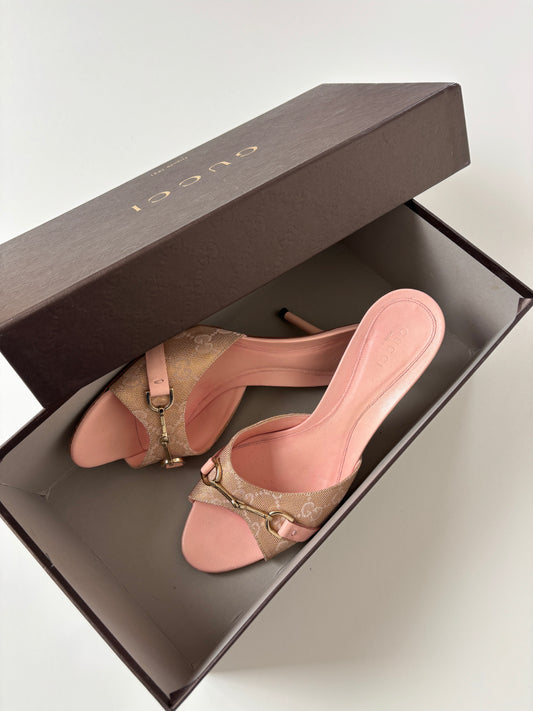 Gucci by Tom Ford 2000s pink slim monogram horsebit heels  (EU 37 / US 6.5)
