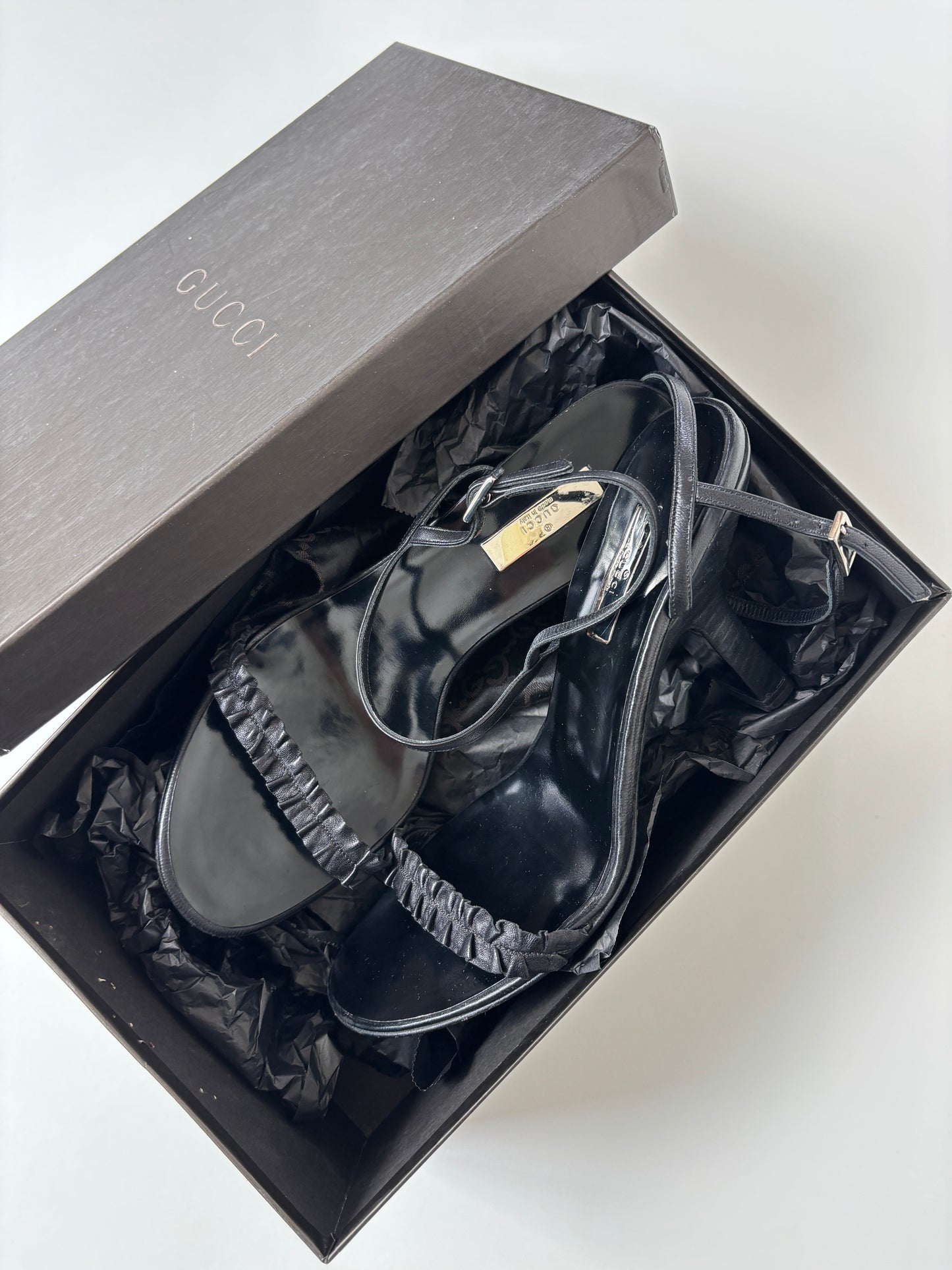 Gucci by Tom Ford 1990s minimalistic black ruffle sandal heels (EU 38 / US 7.5)