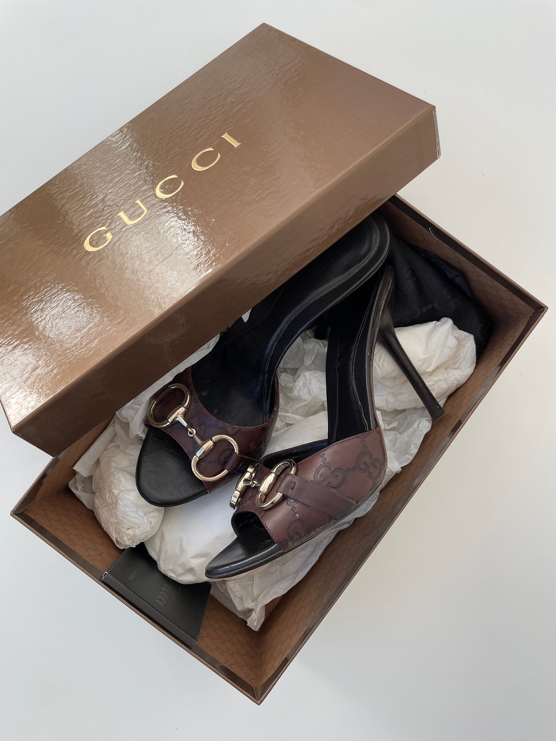 Vintage Gucci 2000s dark brown monogram leather sandals