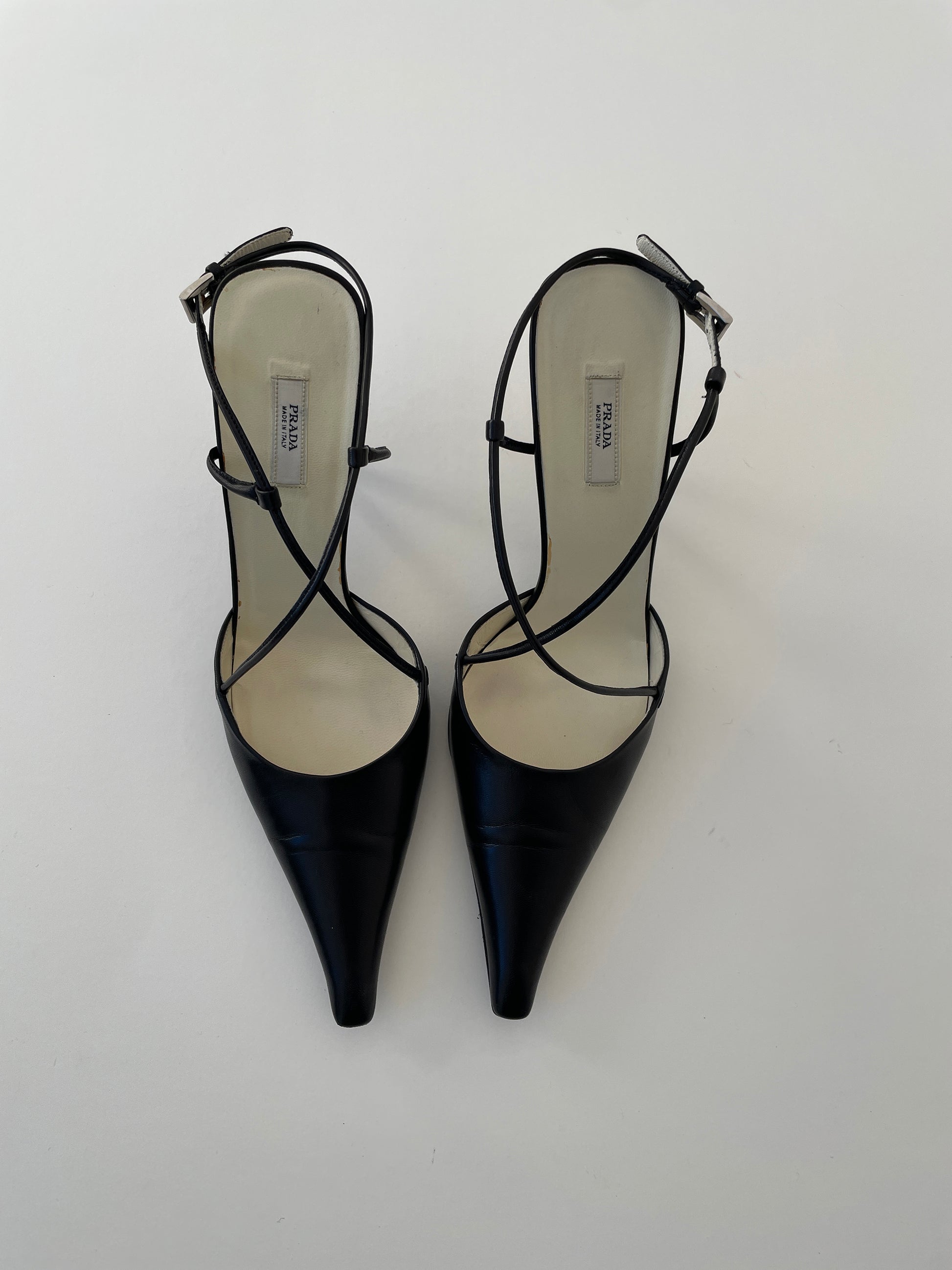 Vintage Prada black skinny strappy slingback heels