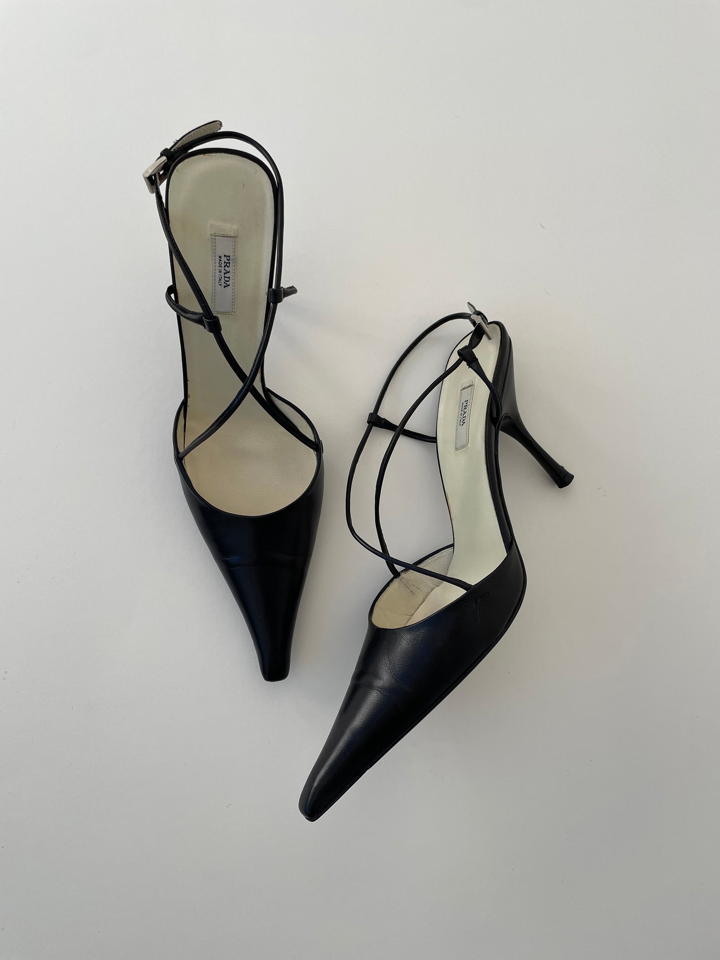 Vintage Prada black skinny strappy slingback heels