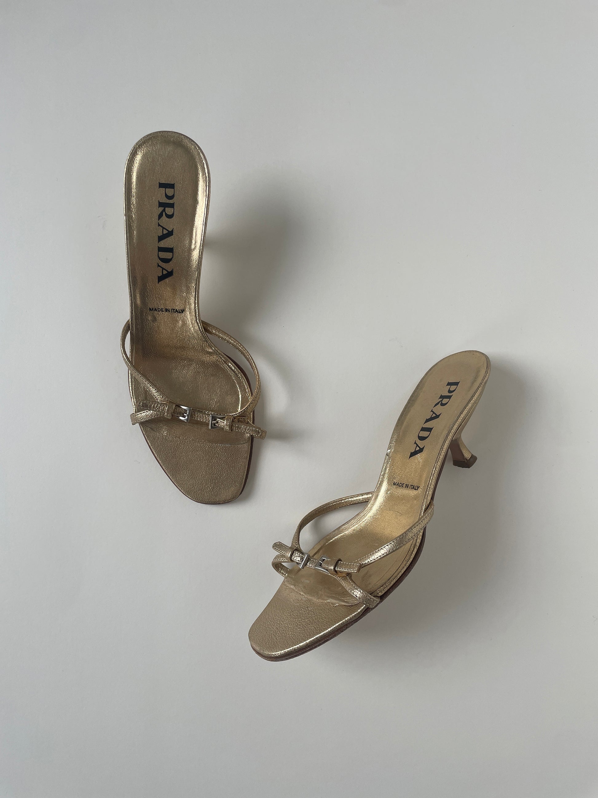 Vintage Prada 2000s golden skinny strappy kitten heels