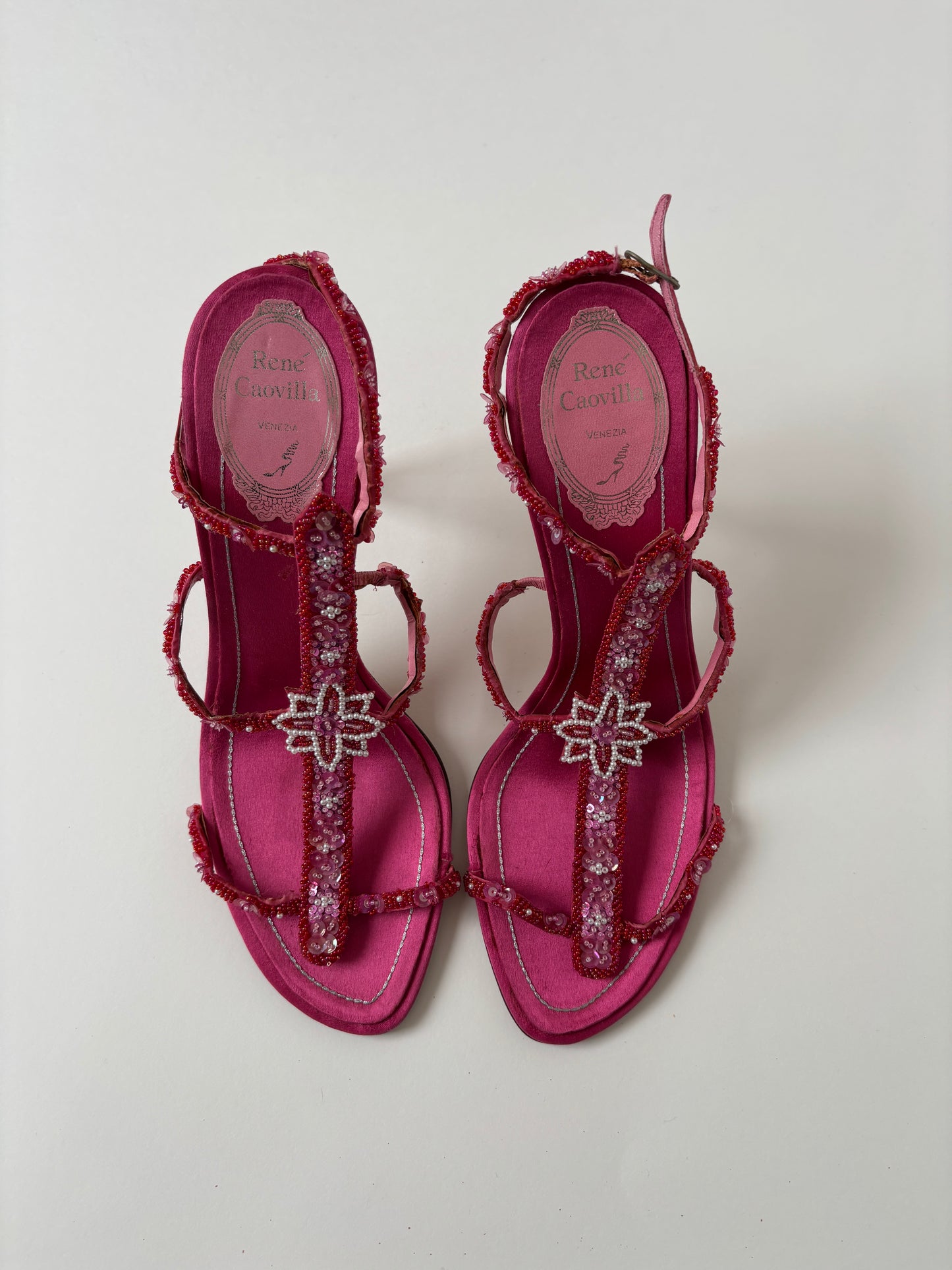 Rene Caovilla 2000s pink beaded silk sandal heels UNWORN (EU 38,5 / US 8)