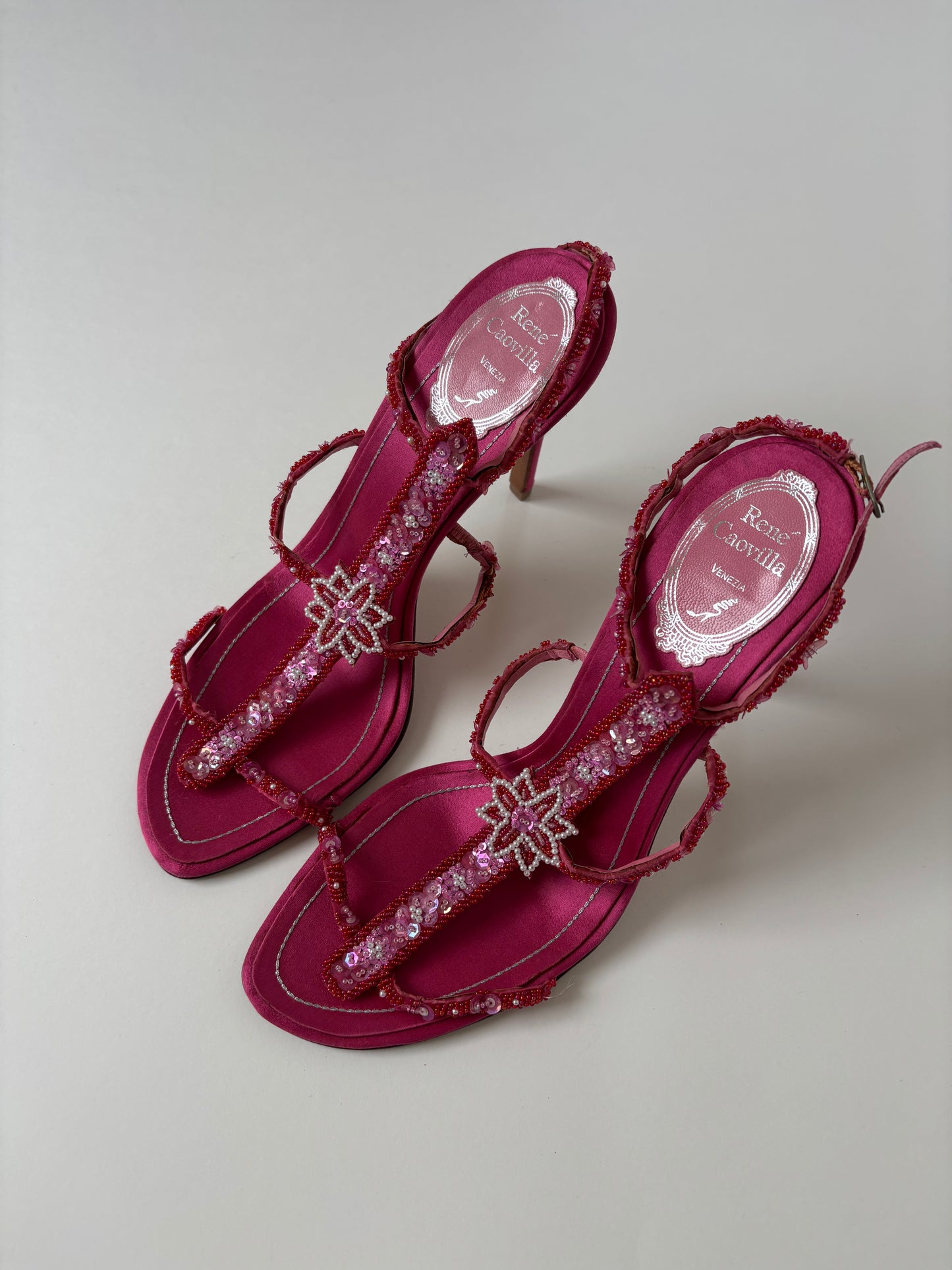 Rene Caovilla 2000s pink beaded silk sandal heels UNWORN (EU 38,5 / US 8)