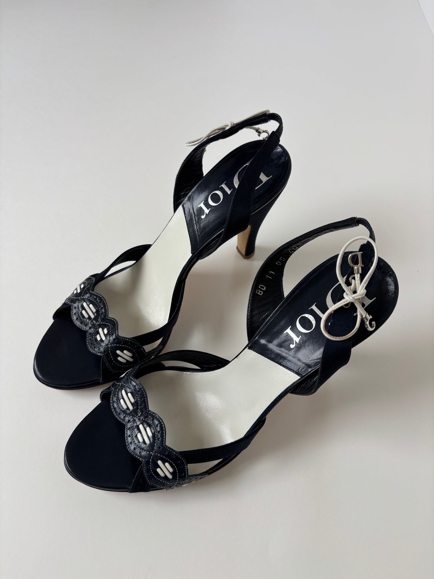 Christian Dior by John Galliano 2000s dark blue satin eyelet bow charm sandal heels (EU 40/ US 9.5)