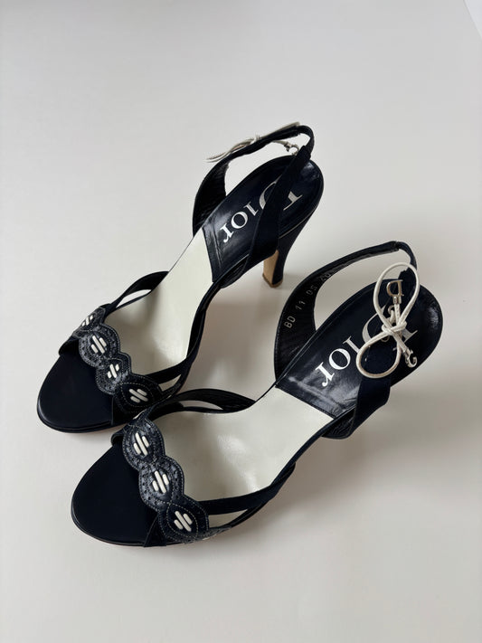 Christian Dior by John Galliano 2000s dark blue satin eyelet bow charm sandal heels (EU 40/ US 9.5)