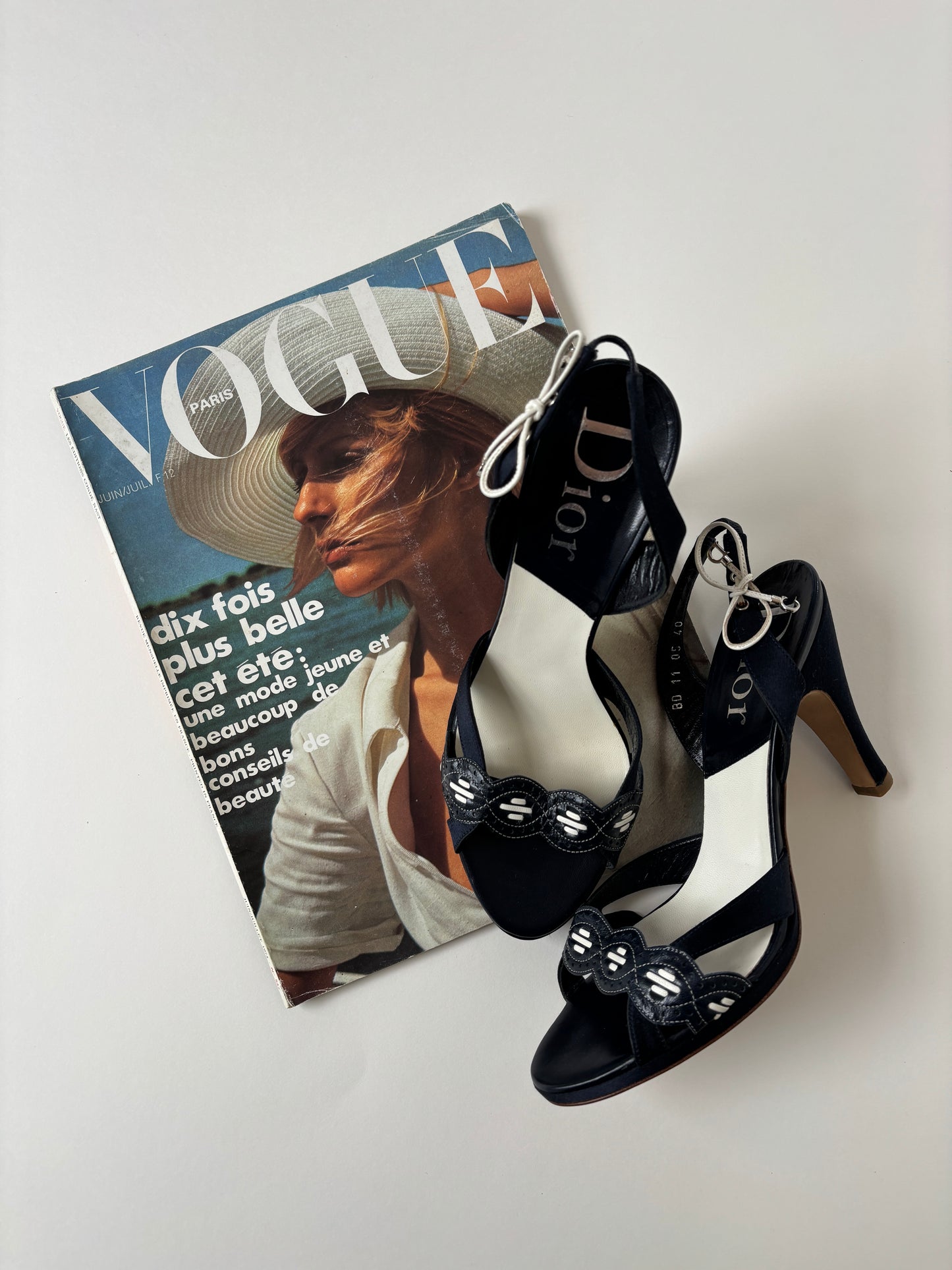 Christian Dior by John Galliano 2000s dark blue satin eyelet bow charm sandal heels (EU 40/ US 9.5)