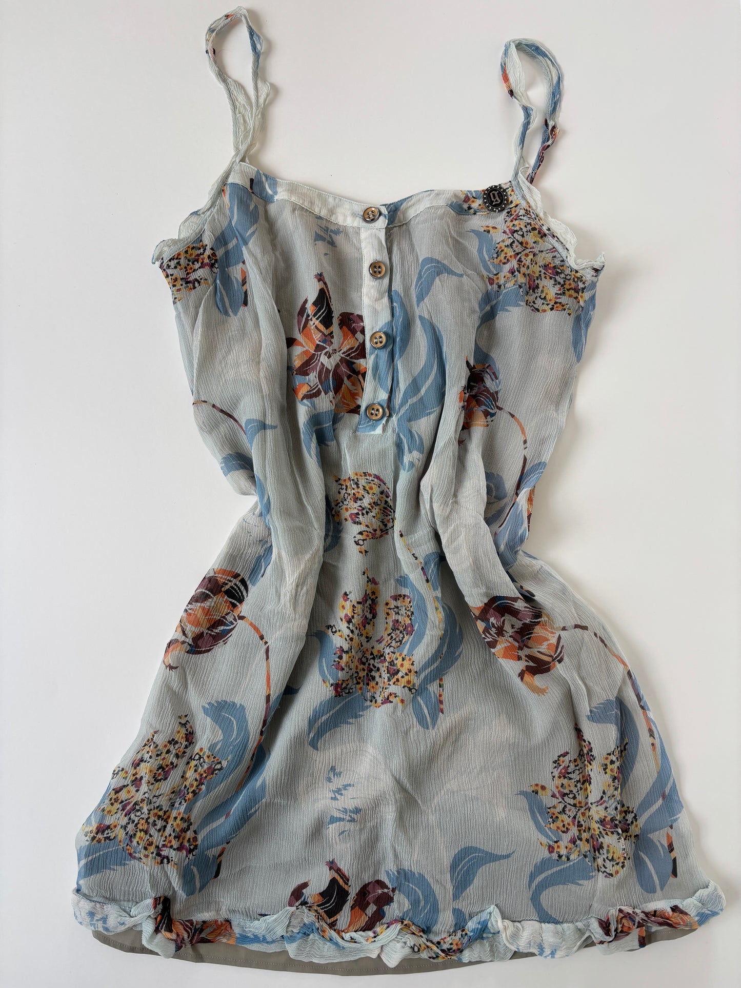 Galliano 2000s blue silk floral ruffle mini dress M